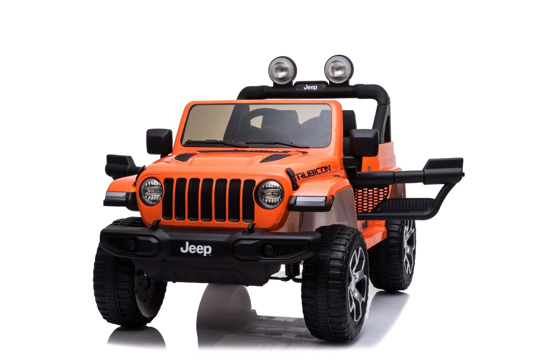 4x4 Voiture électrique pour enfants 12V JEEP Wrangler, Orange, Siège double en similicuir, Radio avec entrée Bluetooth et USB, Transmission 4x4, Batterie au lithium, Roues EVA, Essieux de suspension, Télécommande 2,4 GHz, Licence