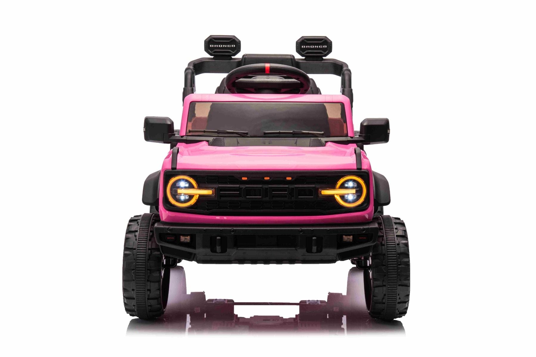 Voiture électrique Ford Bronco avec traction arrière, sous licence (siège unique), rose, batterie lithium, haute garde au sol, siège large, suspension de l'essieu arrière, télécommande 2,4 GHz, lecteur MP3 avec entrée USB, feux LED