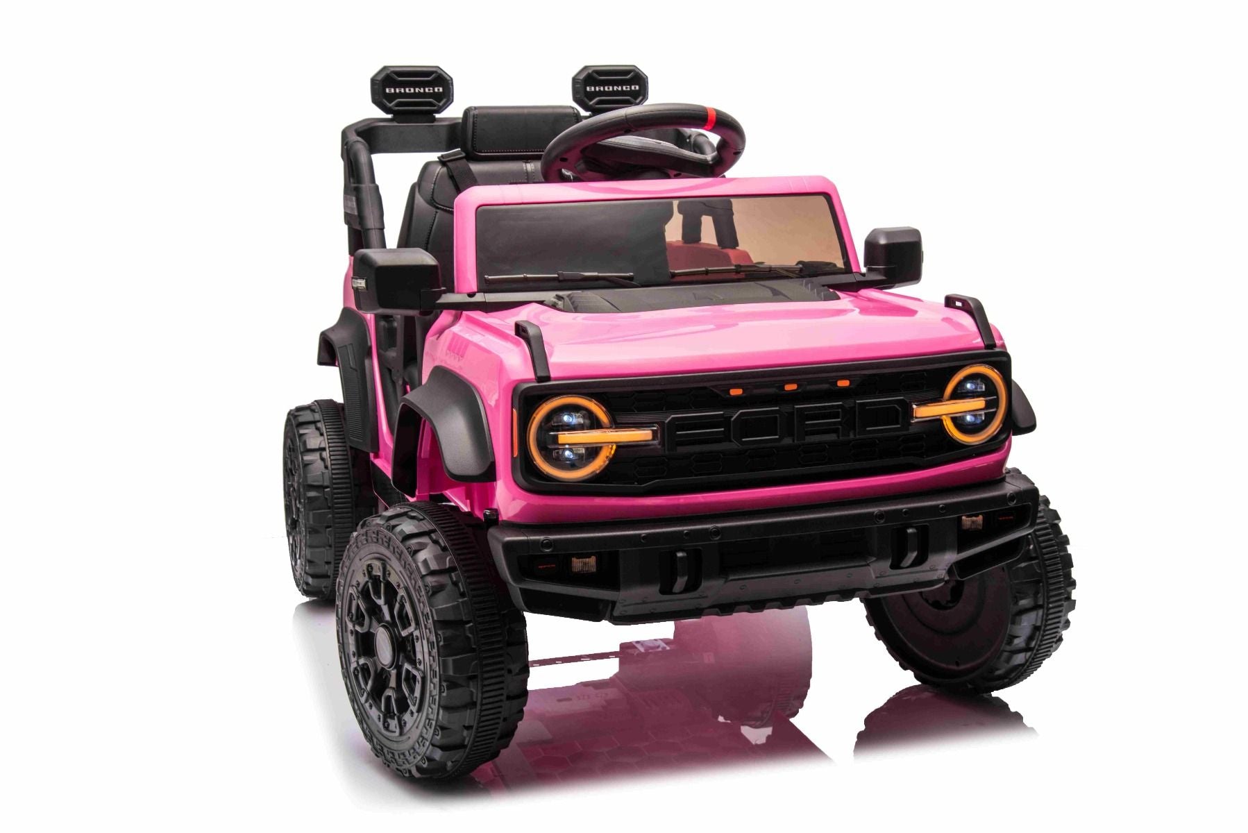 Voiture électrique Ford Bronco avec traction arrière, sous licence (siège unique), rose, batterie lithium, haute garde au sol, siège large, suspension de l'essieu arrière, télécommande 2,4 GHz, lecteur MP3 avec entrée USB, feux LED