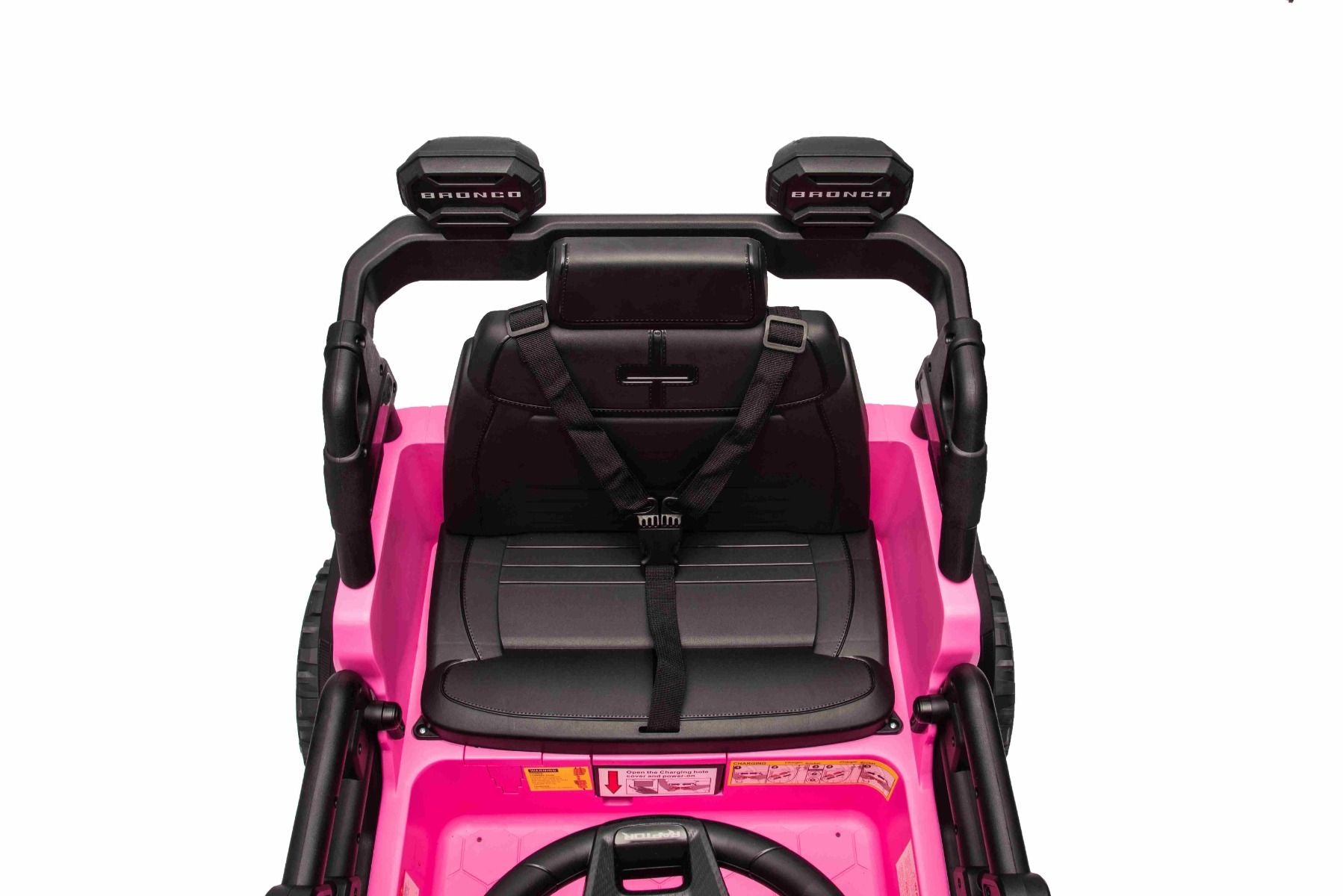 Voiture électrique Ford Bronco avec traction arrière, sous licence (siège unique), rose, batterie lithium, haute garde au sol, siège large, suspension de l'essieu arrière, télécommande 2,4 GHz, lecteur MP3 avec entrée USB, feux LED