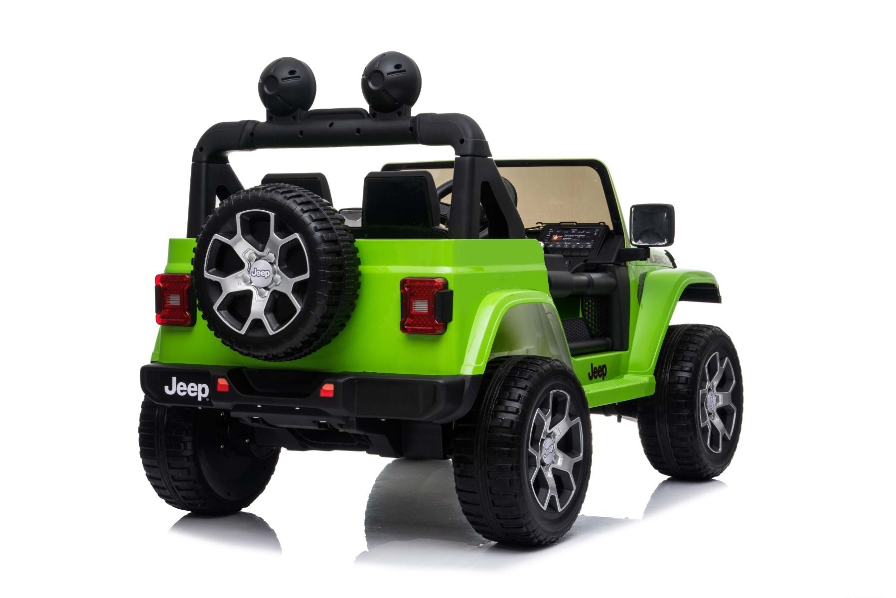 4x4 Voiture électrique pour enfants 12V JEEP Wrangler, Vert, Siège double en similicuir, Radio avec entrée Bluetooth et USB, Transmission 4x4, Batterie au lithium, Roues EVA, Essieux de suspension, Télécommande 2,4 GHz, Licence