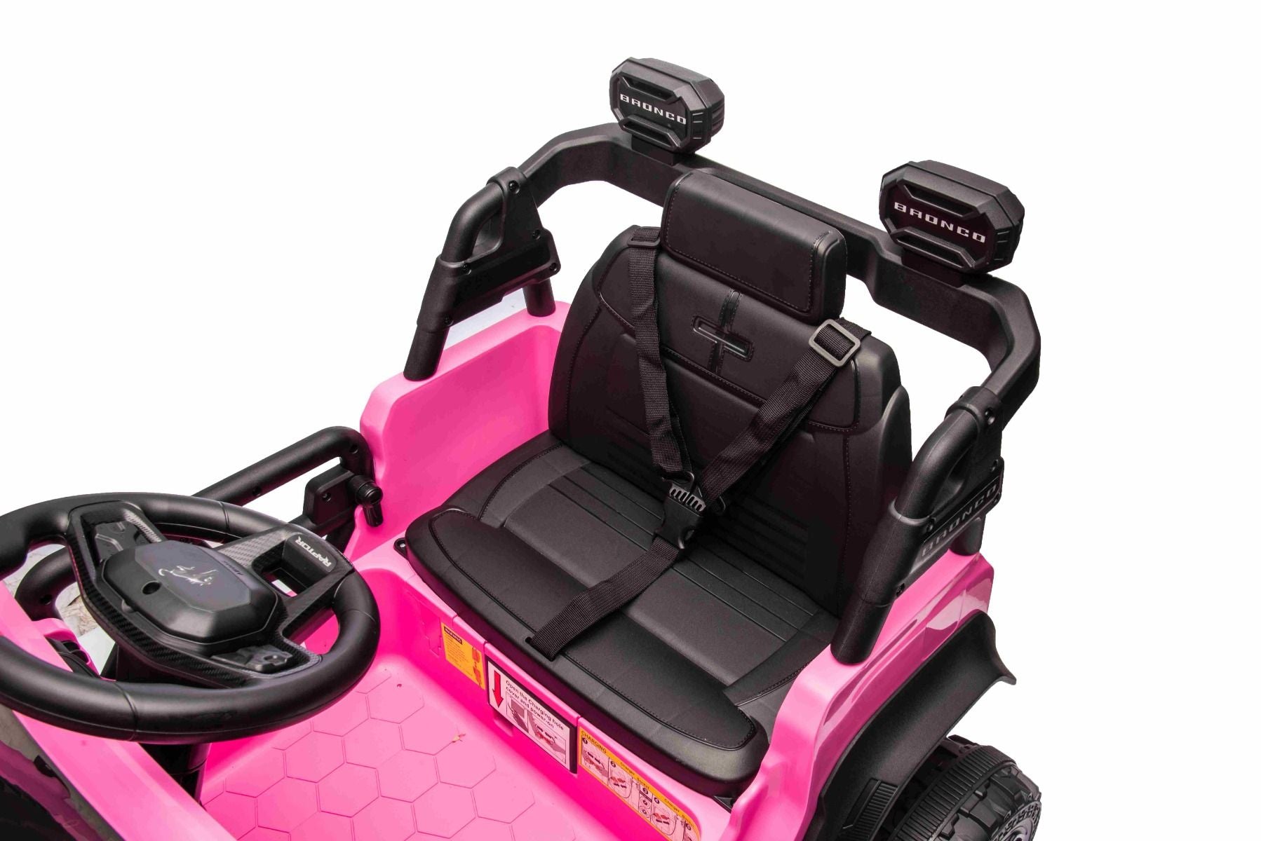 Voiture électrique Ford Bronco avec traction arrière, sous licence (siège unique), rose, batterie lithium, haute garde au sol, siège large, suspension de l'essieu arrière, télécommande 2,4 GHz, lecteur MP3 avec entrée USB, feux LED