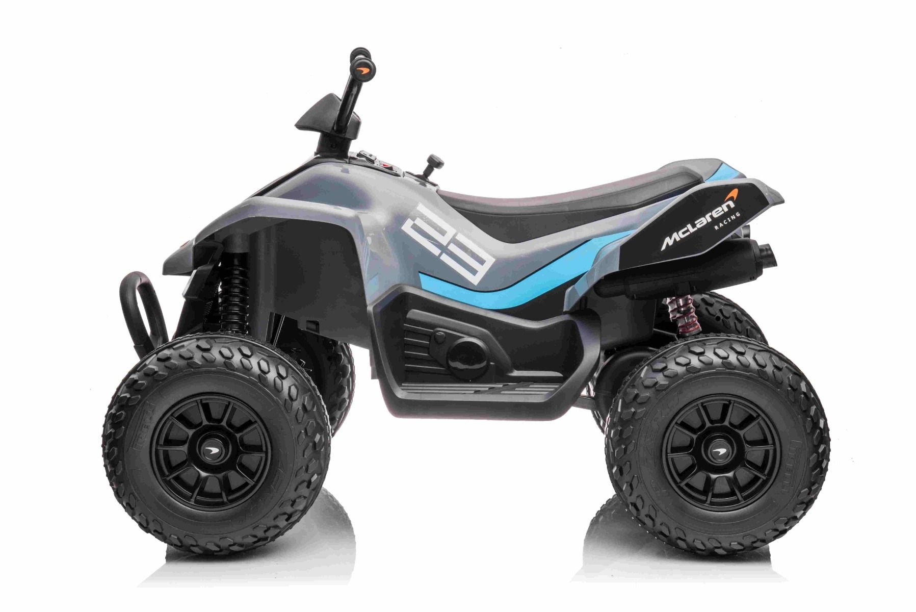 4x4 Quad électrique enfants 12V sous licence McLaren Racing MCL, grise, Roues EVA souples, TÉLÉCOMMANDE, Siège en similicuir, Suspension arrière, Moteur 4 x 35W, Lumières LED, Batterie 12V10Ah