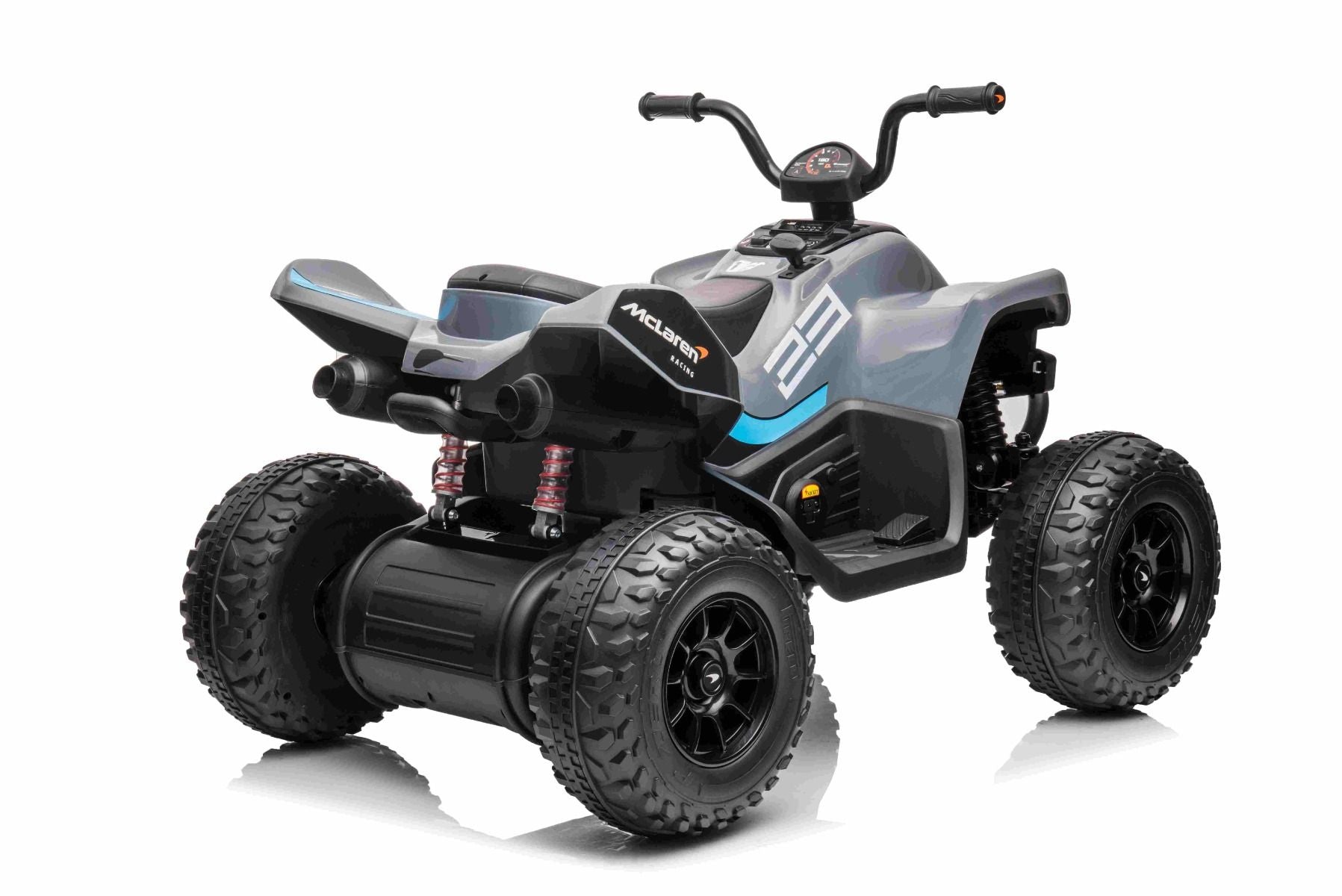 4x4 Quad électrique enfants 12V sous licence McLaren Racing MCL, grise, Roues EVA souples, TÉLÉCOMMANDE, Siège en similicuir, Suspension arrière, Moteur 4 x 35W, Lumières LED, Batterie 12V10Ah