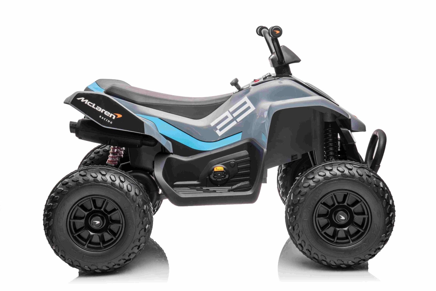 4x4 Quad électrique enfants 12V sous licence McLaren Racing MCL, grise, Roues EVA souples, TÉLÉCOMMANDE, Siège en similicuir, Suspension arrière, Moteur 4 x 35W, Lumières LED, Batterie 12V10Ah