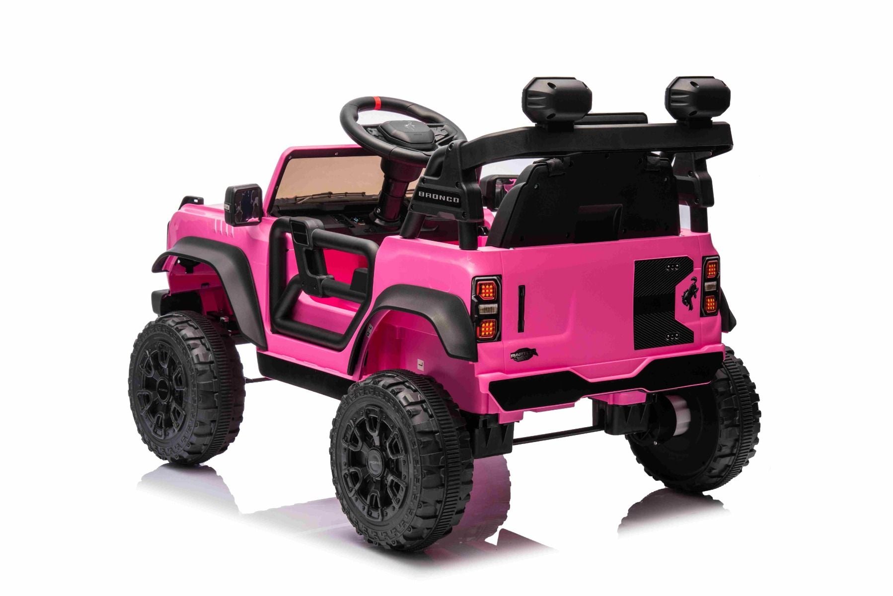 Voiture électrique Ford Bronco avec traction arrière, sous licence (siège unique), rose, batterie lithium, haute garde au sol, siège large, suspension de l'essieu arrière, télécommande 2,4 GHz, lecteur MP3 avec entrée USB, feux LED