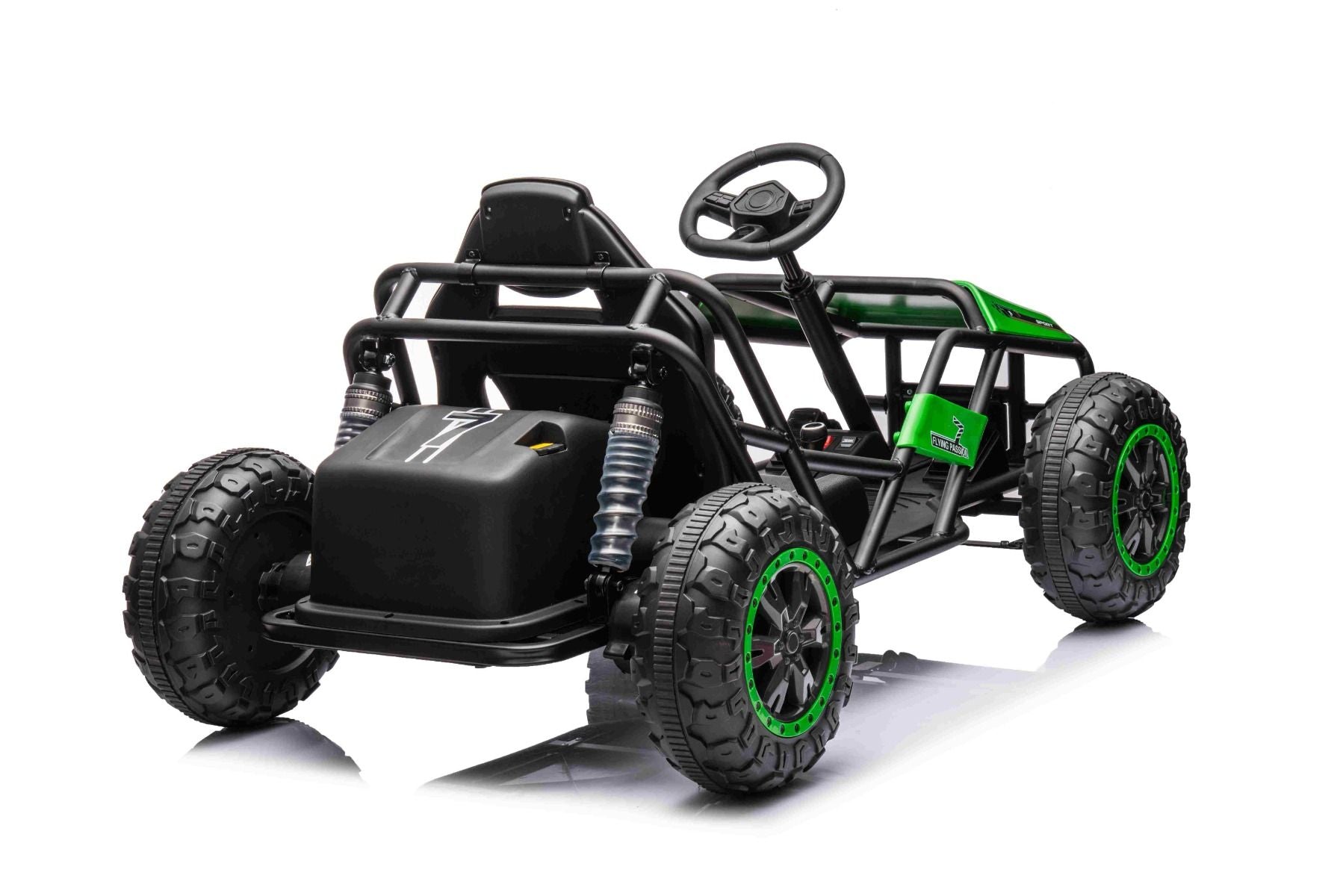 Chariot électrique SPORT-CART 24V, verte, roues souples en EVA, siège en similicuir, roues de drift lisses, moteur 2 x 50W, batterie 24V, construction métallique massive