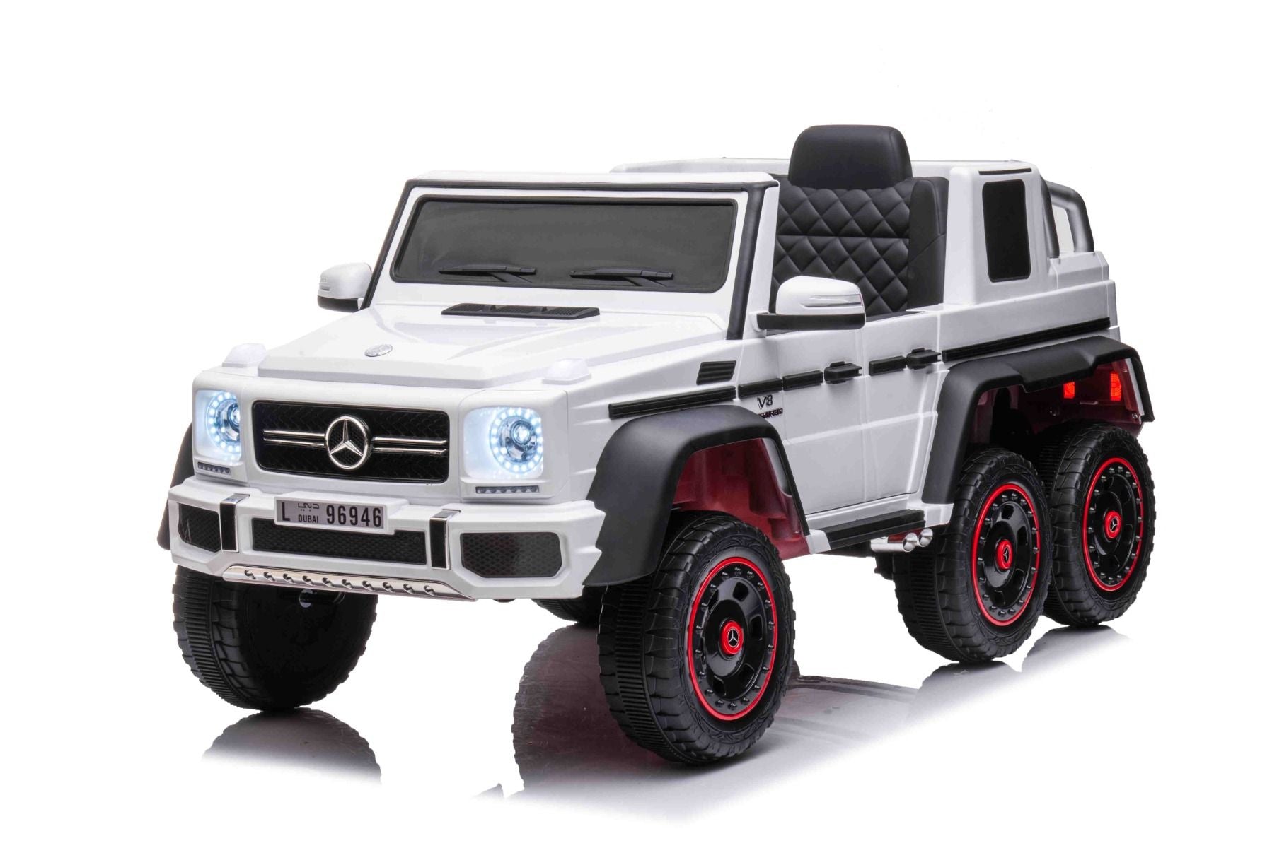 Voiture électrique à conducteur porté Mercedes-Benz G63 AMG 6X6, Monoplace,blanc, 6 Roues avec suspension indépendante, Entraînement 2 moteurs 45W, Batterie 12V10AH, Roues et siège en plastique, Télécommande, Licenced