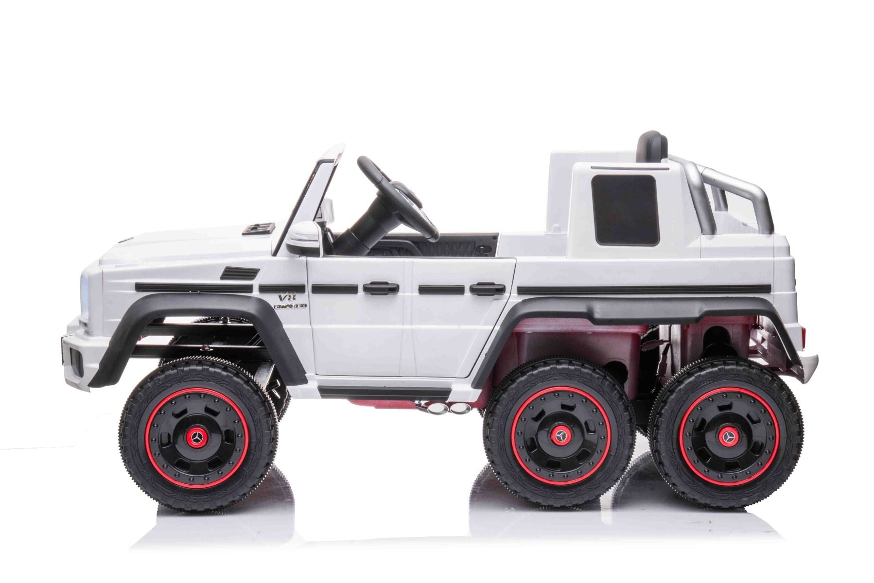 Voiture électrique à conducteur porté Mercedes-Benz G63 AMG 6X6, Monoplace,blanc, 6 Roues avec suspension indépendante, Entraînement 2 moteurs 45W, Batterie 12V10AH, Roues et siège en plastique, Télécommande, Licenced