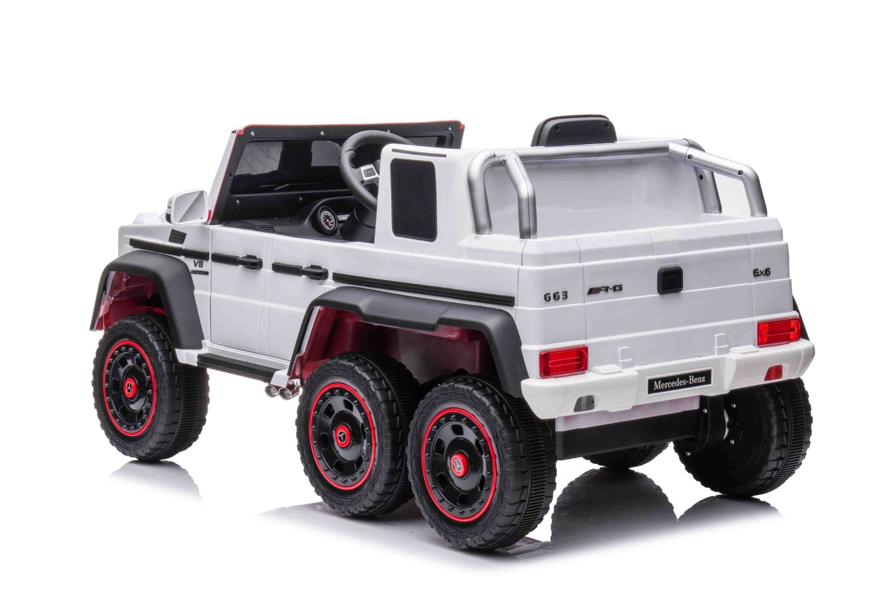 Voiture électrique à conducteur porté Mercedes-Benz G63 AMG 6X6, Monoplace,blanc, 6 Roues avec suspension indépendante, Entraînement 2 moteurs 45W, Batterie 12V10AH, Roues et siège en plastique, Télécommande, Licenced