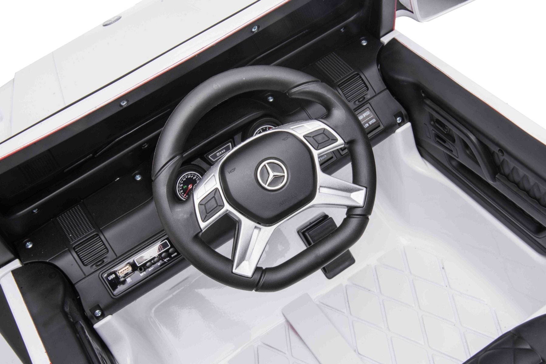 Voiture électrique à conducteur porté Mercedes-Benz G63 AMG 6X6, Monoplace,blanc, 6 Roues avec suspension indépendante, Entraînement 2 moteurs 45W, Batterie 12V10AH, Roues et siège en plastique, Télécommande, Licenced