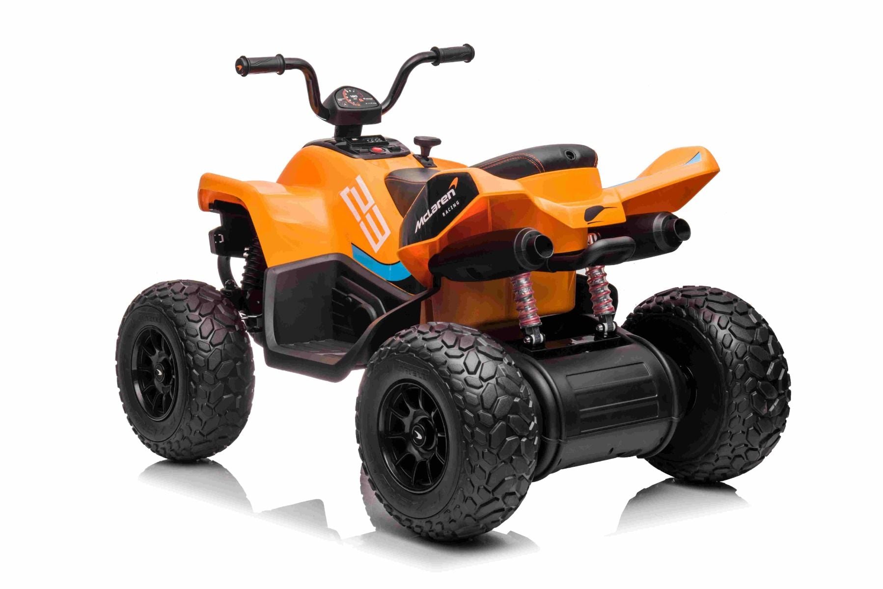 4x4 Quad électrique enfants 12V sous licence McLaren Racing MCL, Orange, Roues EVA souples, TÉLÉCOMMANDE, Siège en similicuir, Suspension arrière, Moteur 4 x 35W, Lumières LED, Batterie 12V10Ah