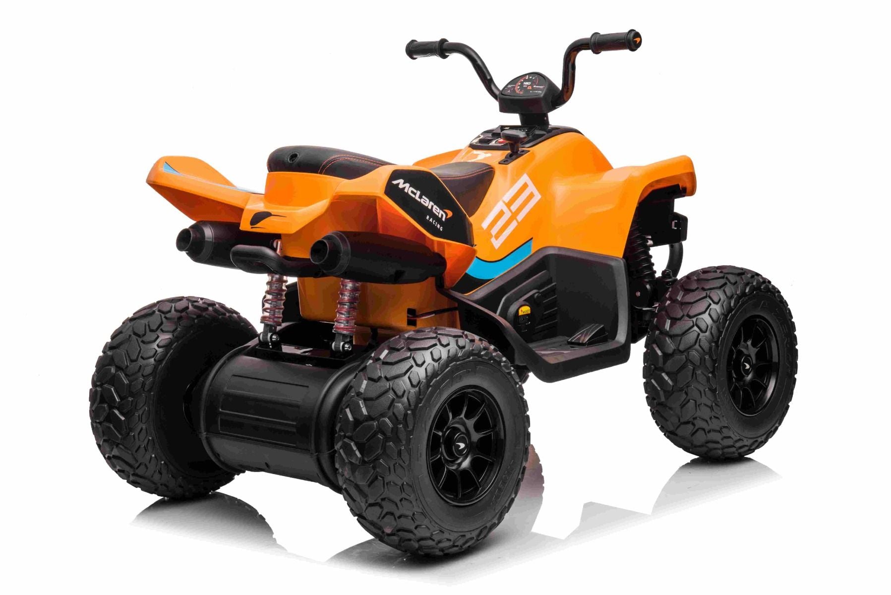 4x4 Quad électrique enfants 12V sous licence McLaren Racing MCL, Orange, Roues EVA souples, TÉLÉCOMMANDE, Siège en similicuir, Suspension arrière, Moteur 4 x 35W, Lumières LED, Batterie 12V10Ah