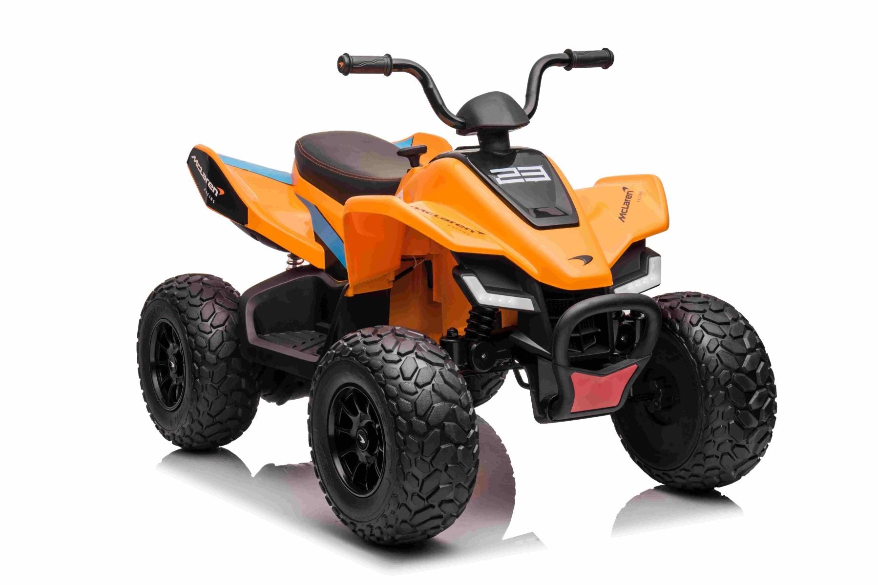 4x4 Quad électrique enfants 12V sous licence McLaren Racing MCL, Orange, Roues EVA souples, TÉLÉCOMMANDE, Siège en similicuir, Suspension arrière, Moteur 4 x 35W, Lumières LED, Batterie 12V10Ah