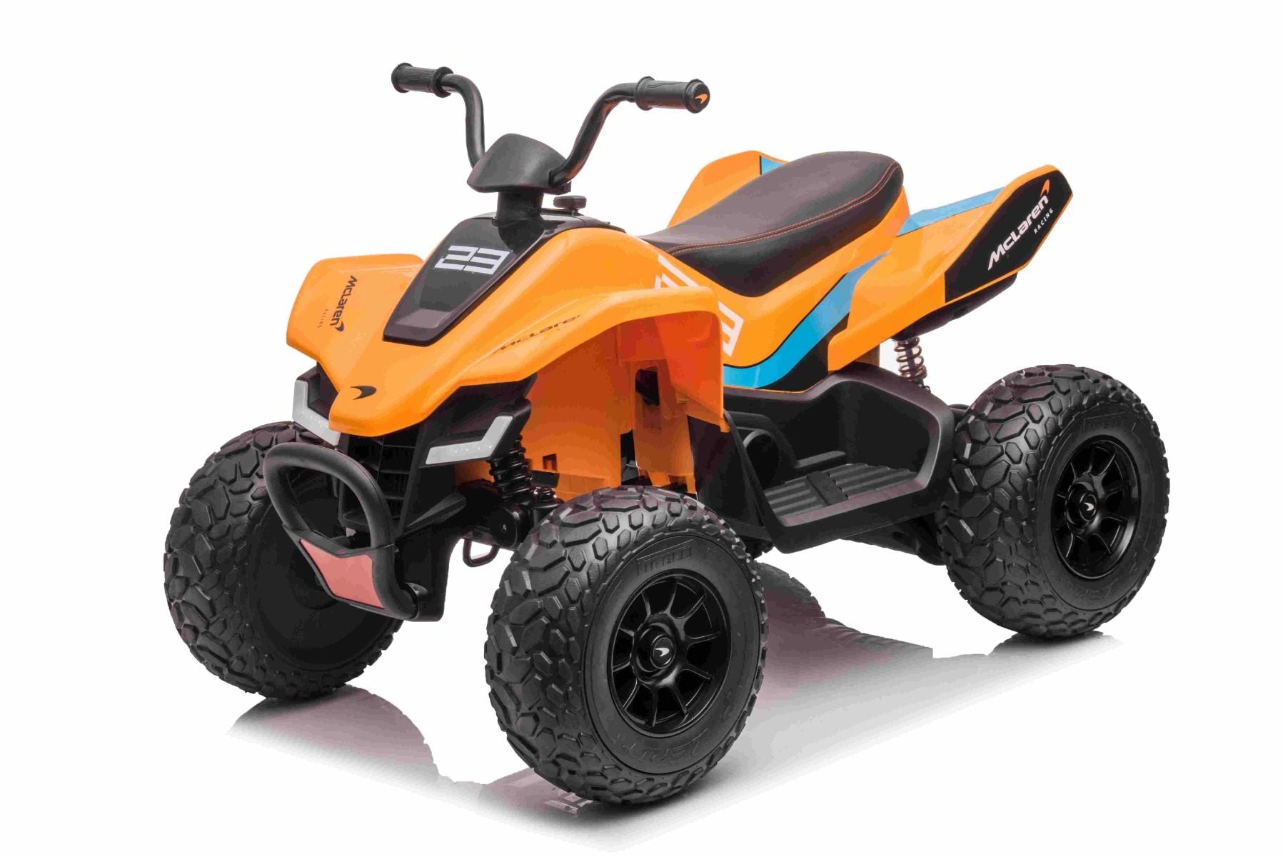 4x4 Quad électrique enfants 12V sous licence McLaren Racing MCL, Orange, Roues EVA souples, TÉLÉCOMMANDE, Siège en similicuir, Suspension arrière, Moteur 4 x 35W, Lumières LED, Batterie 12V10Ah