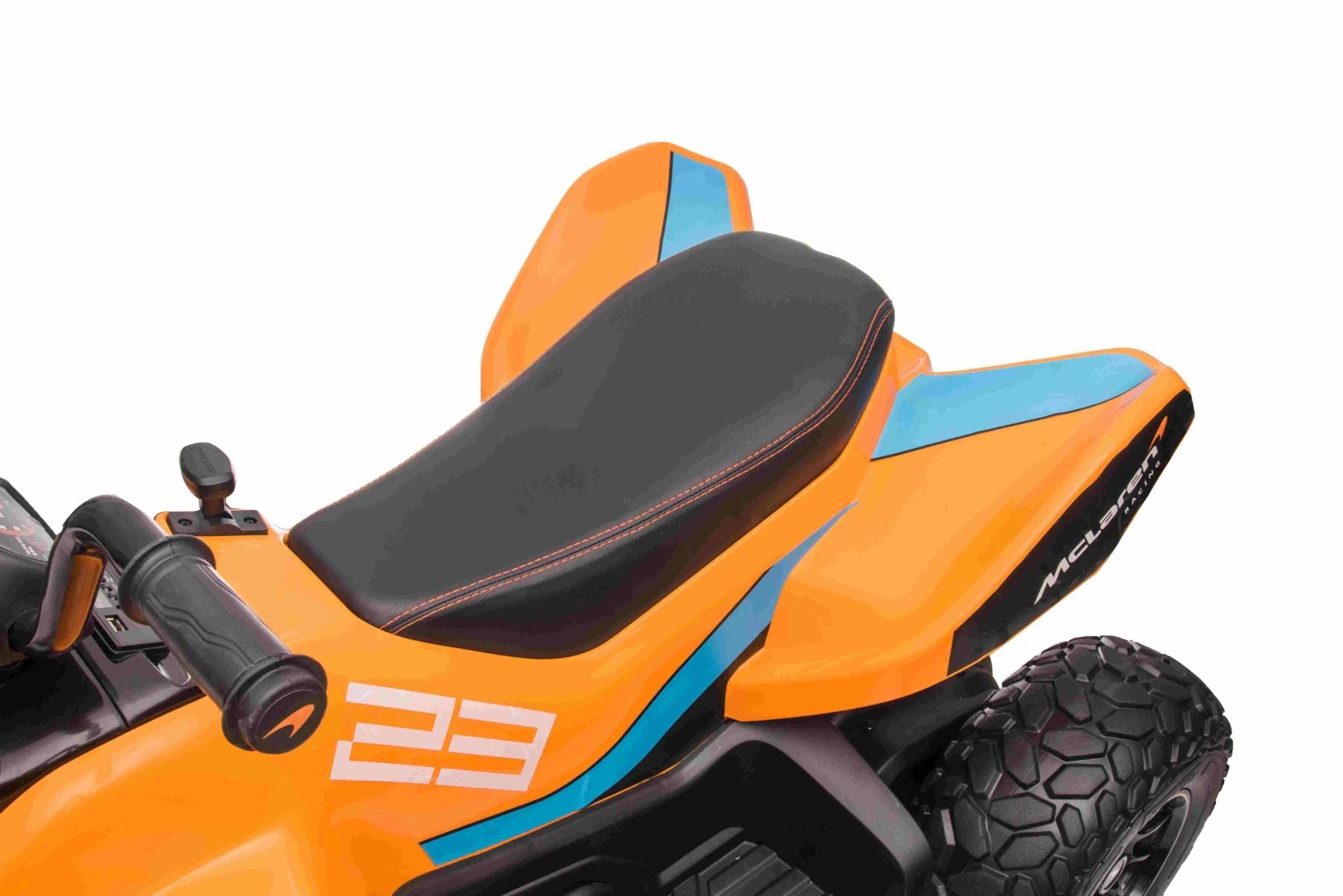 4x4 Quad électrique enfants 12V sous licence McLaren Racing MCL, Orange, Roues EVA souples, TÉLÉCOMMANDE, Siège en similicuir, Suspension arrière, Moteur 4 x 35W, Lumières LED, Batterie 12V10Ah