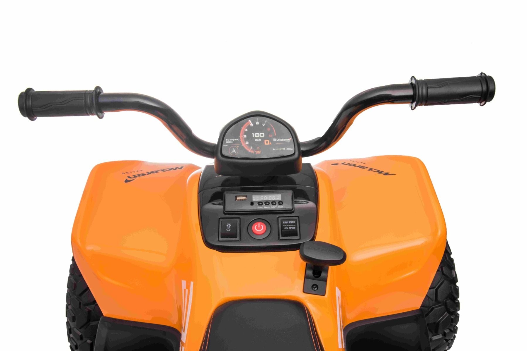 4x4 Quad électrique enfants 12V sous licence McLaren Racing MCL, Orange, Roues EVA souples, TÉLÉCOMMANDE, Siège en similicuir, Suspension arrière, Moteur 4 x 35W, Lumières LED, Batterie 12V10Ah