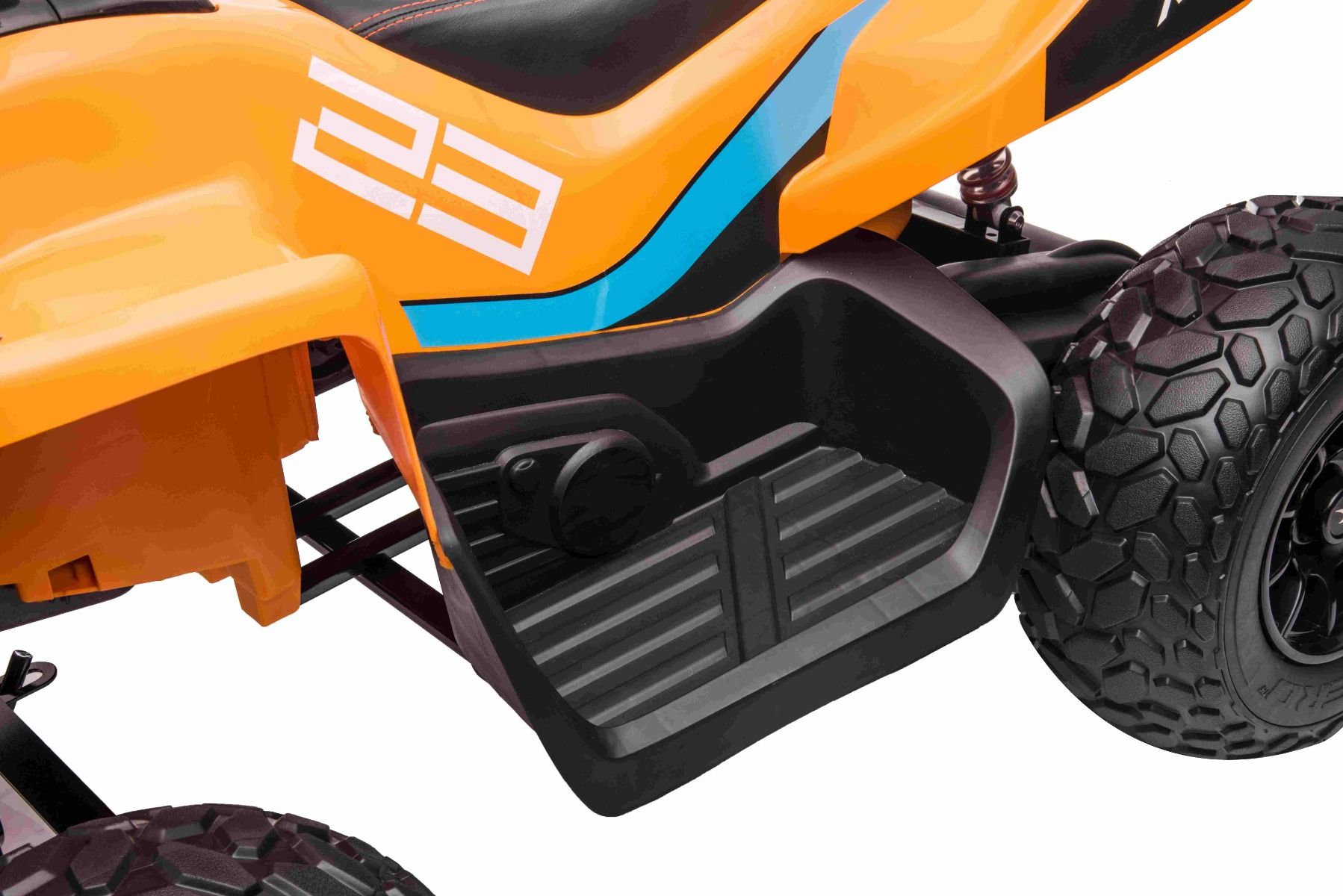 4x4 Quad électrique enfants 12V sous licence McLaren Racing MCL, Orange, Roues EVA souples, TÉLÉCOMMANDE, Siège en similicuir, Suspension arrière, Moteur 4 x 35W, Lumières LED, Batterie 12V10Ah