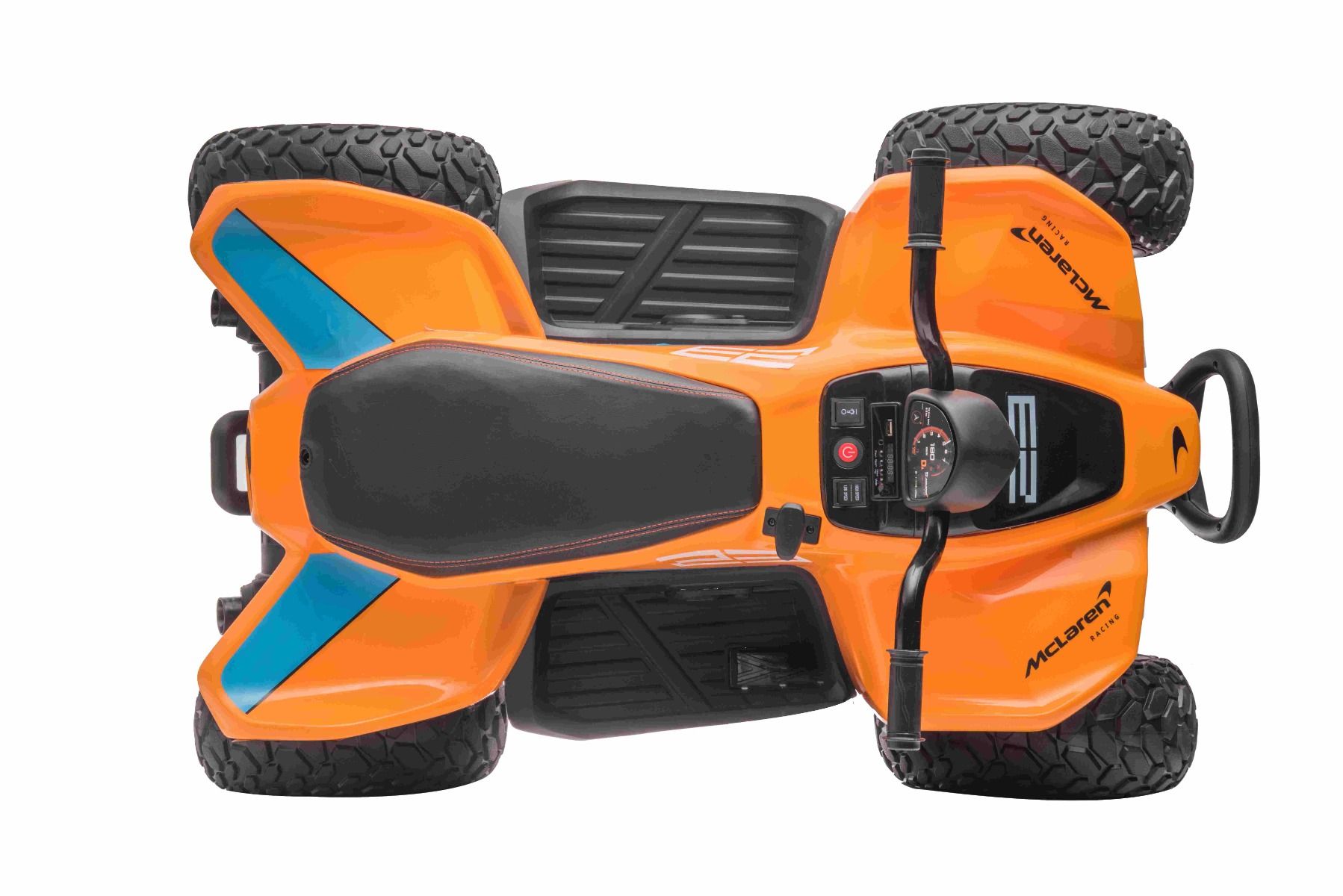 4x4 Quad électrique enfants 12V sous licence McLaren Racing MCL, Orange, Roues EVA souples, TÉLÉCOMMANDE, Siège en similicuir, Suspension arrière, Moteur 4 x 35W, Lumières LED, Batterie 12V10Ah