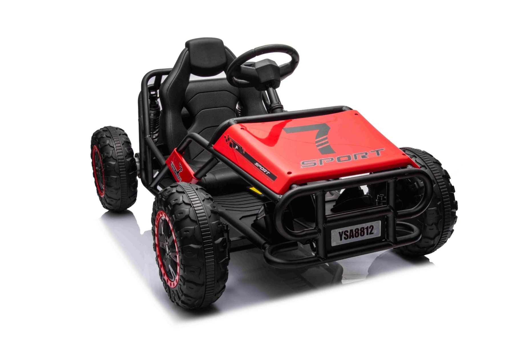 Chariot électrique SPORT-CART 24V, rouge, roues souples en EVA, siège en similicuir, roues de drift lisses, moteur 2 x 50W, batterie 24V, construction métallique massive
