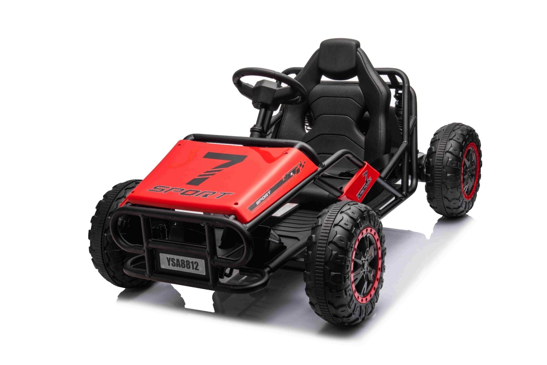 Chariot électrique SPORT-CART 24V, rouge, roues souples en EVA, siège en similicuir, roues de drift lisses, moteur 2 x 50W, batterie 24V, construction métallique massive