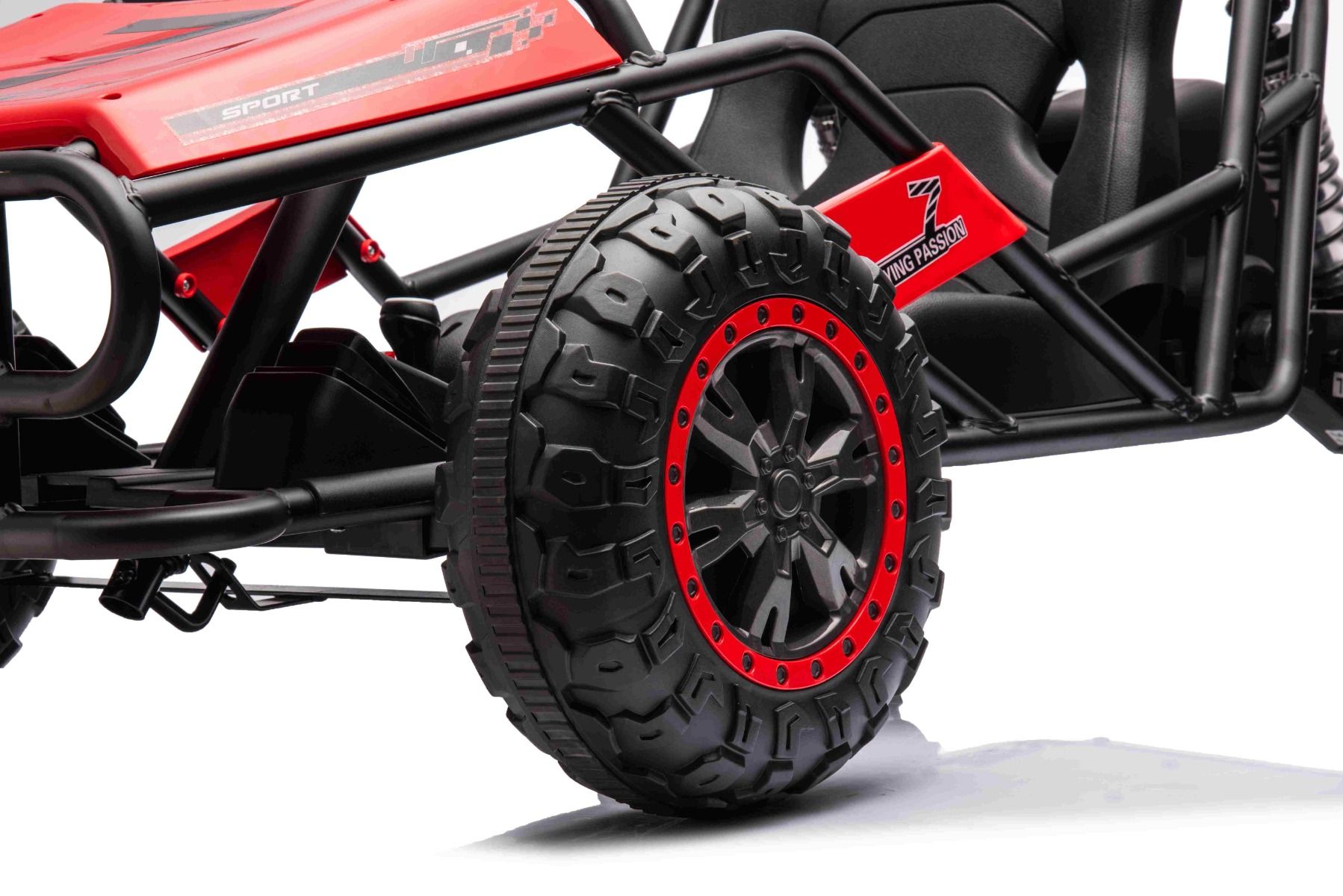 Chariot électrique SPORT-CART 24V, rouge, roues souples en EVA, siège en similicuir, roues de drift lisses, moteur 2 x 50W, batterie 24V, construction métallique massive