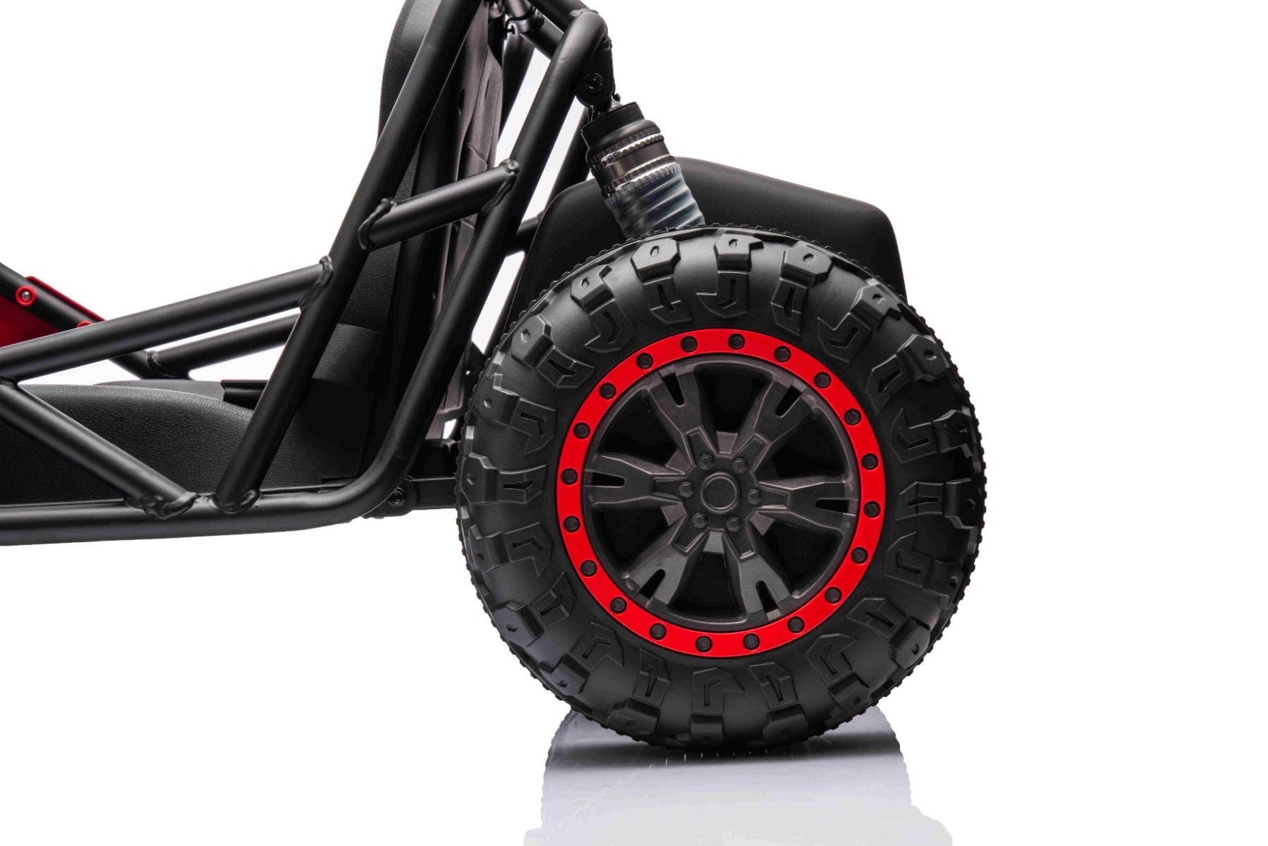 Chariot électrique SPORT-CART 24V, rouge, roues souples en EVA, siège en similicuir, roues de drift lisses, moteur 2 x 50W, batterie 24V, construction métallique massive