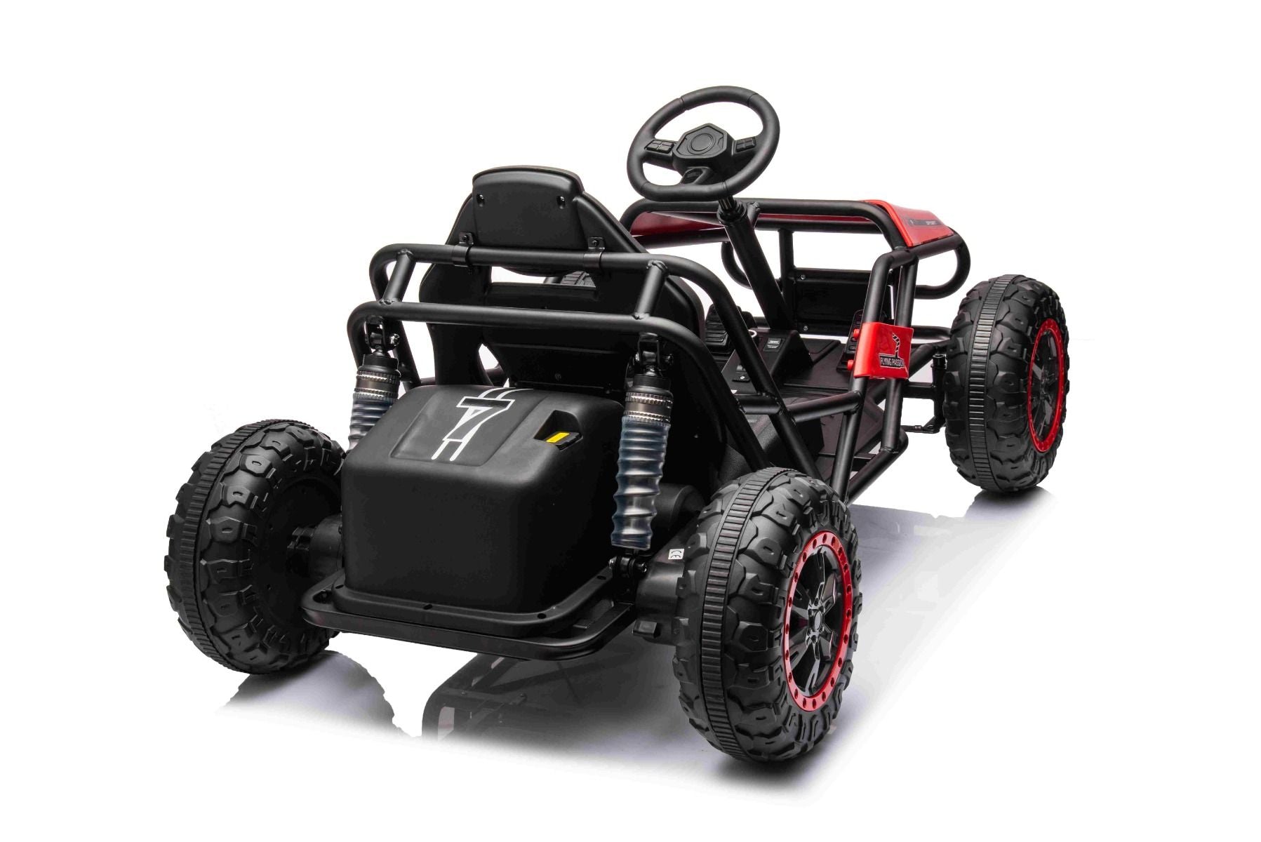 Chariot électrique SPORT-CART 24V, rouge, roues souples en EVA, siège en similicuir, roues de drift lisses, moteur 2 x 50W, batterie 24V, construction métallique massive