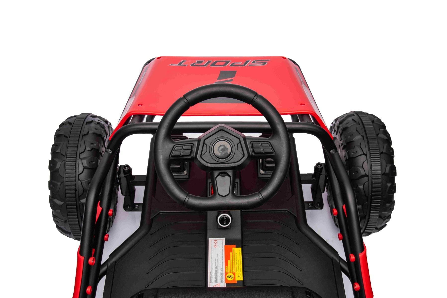 Chariot électrique SPORT-CART 24V, rouge, roues souples en EVA, siège en similicuir, roues de drift lisses, moteur 2 x 50W, batterie 24V, construction métallique massive