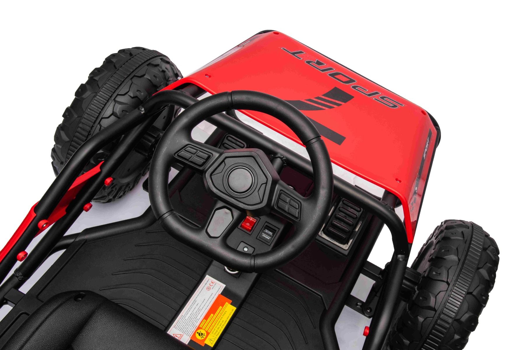 Chariot électrique SPORT-CART 24V, rouge, roues souples en EVA, siège en similicuir, roues de drift lisses, moteur 2 x 50W, batterie 24V, construction métallique massive