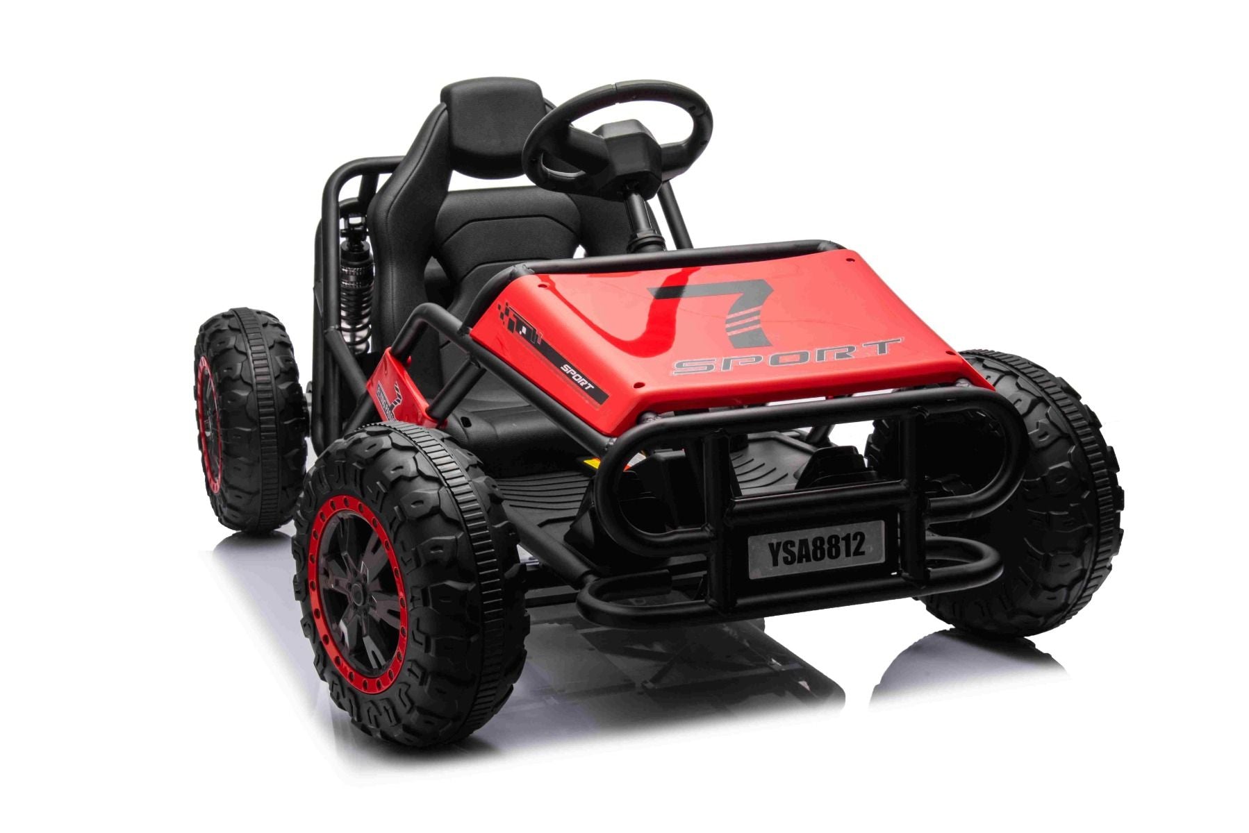 Chariot électrique SPORT-CART 24V, rouge, roues souples en EVA, siège en similicuir, roues de drift lisses, moteur 2 x 50W, batterie 24V, construction métallique massive