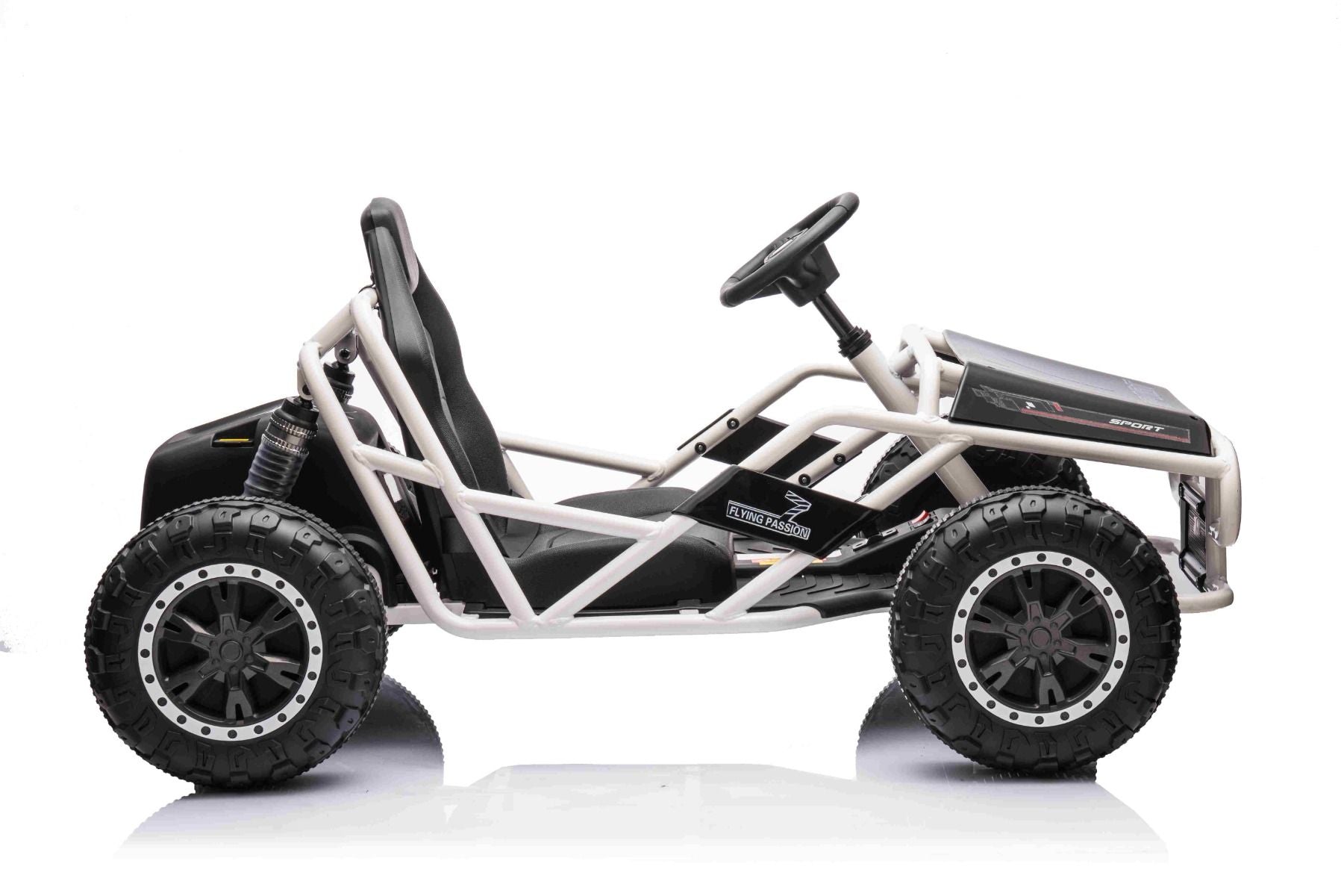 Chariot électrique SPORT-CART 24V, blanche, roues souples en EVA, siège en similicuir, roues de drift lisses, moteur 2 x 50W, batterie 24V, construction métallique massive