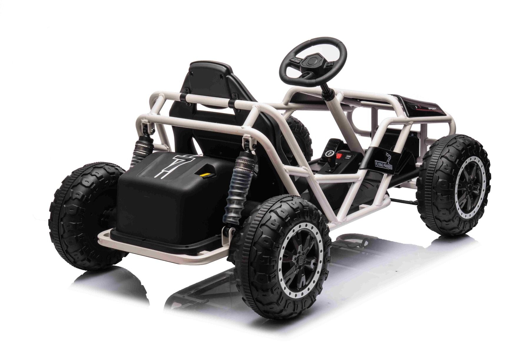 Chariot électrique SPORT-CART 24V, blanche, roues souples en EVA, siège en similicuir, roues de drift lisses, moteur 2 x 50W, batterie 24V, construction métallique massive