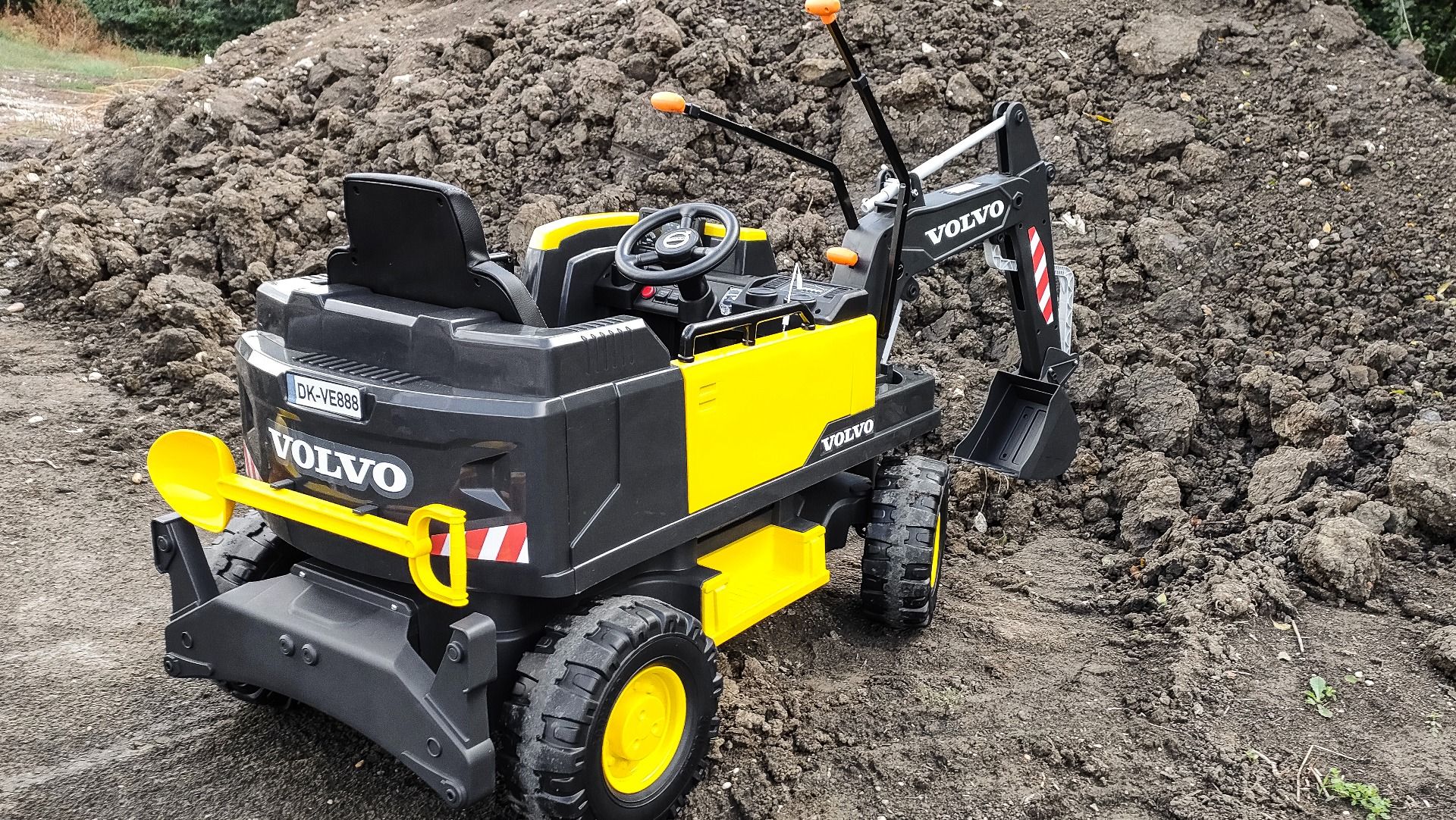 Voiture électrique enfants 12V Volvo Excavator, jaune, moteur 2 x 35W, roues EVA, batterie 12V/14Ah, sous licence