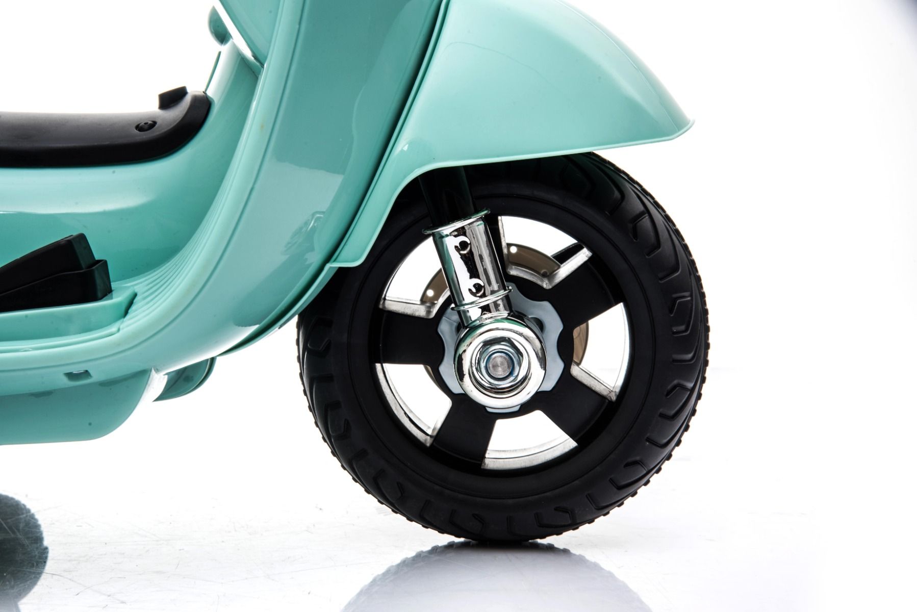 Trottinette électrique Vespa GTS, bleu sarcelle, avec roues auxiliaires, sous licence, batterie 6V, siège en cuir, moteur 30W