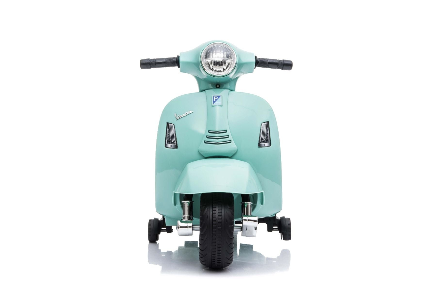 Trottinette électrique Vespa GTS, bleu sarcelle, avec roues auxiliaires, sous licence, batterie 6V, siège en cuir, moteur 30W