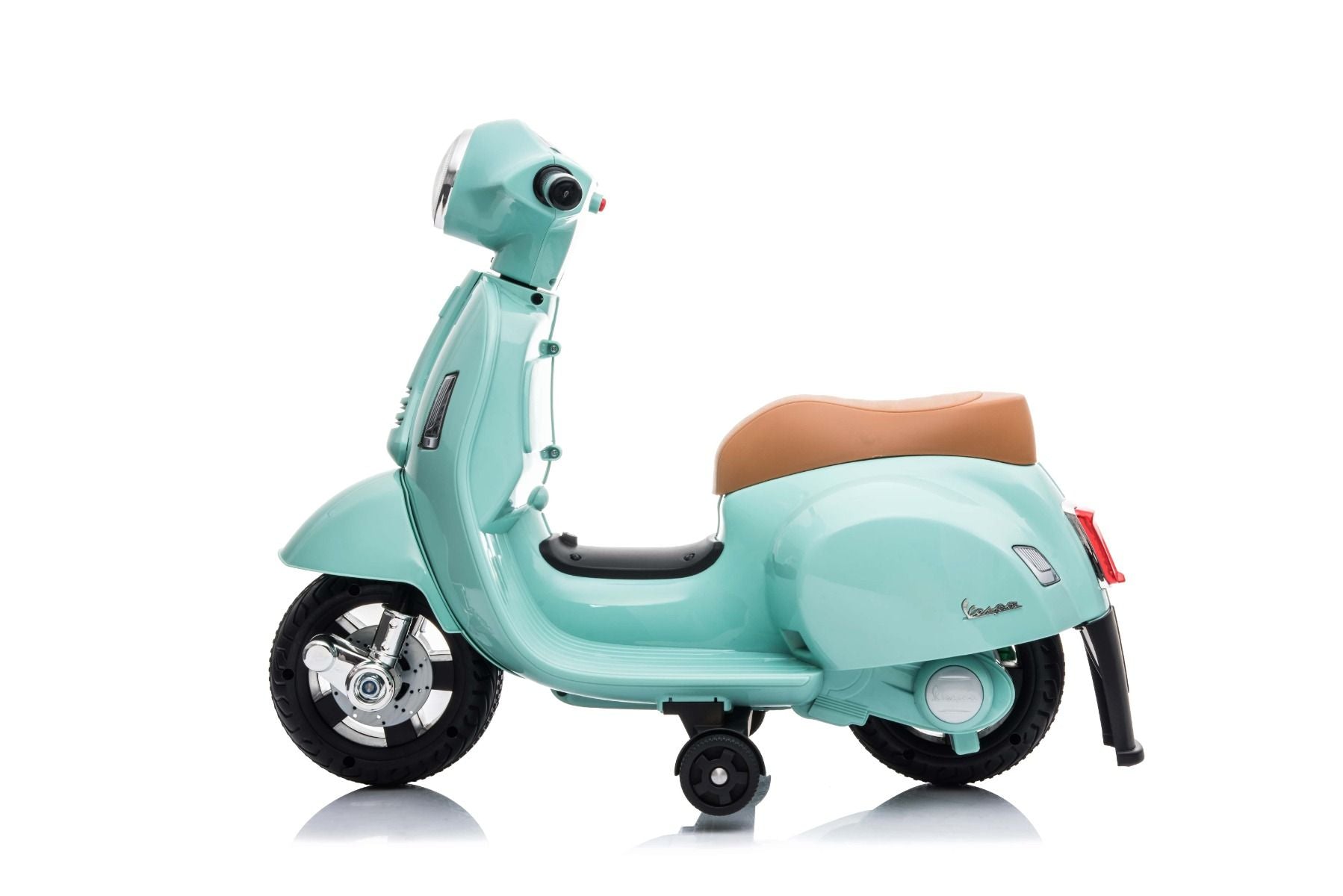 Trottinette électrique Vespa GTS, bleu sarcelle, avec roues auxiliaires, sous licence, batterie 6V, siège en cuir, moteur 30W