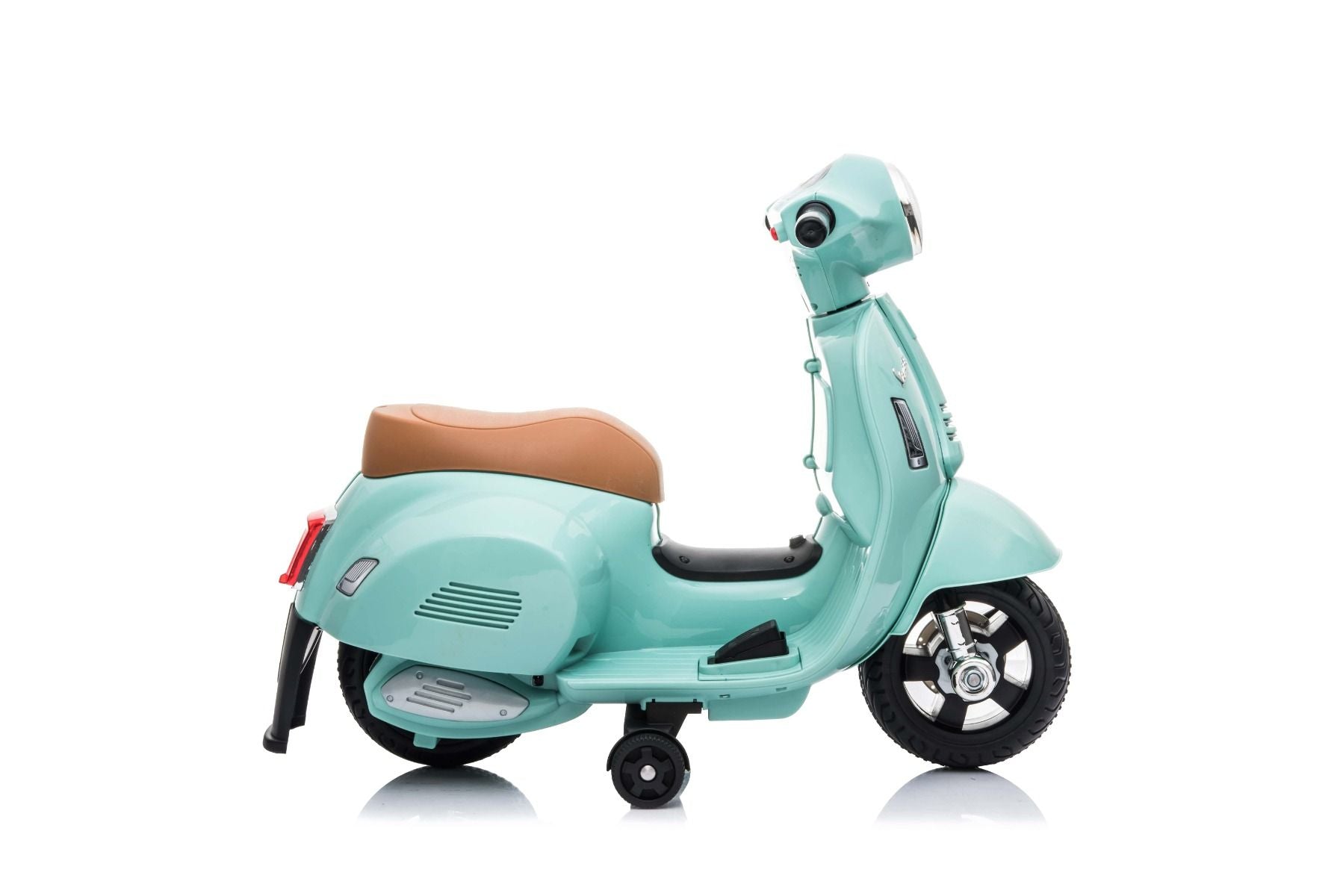 Trottinette électrique Vespa GTS, bleu sarcelle, avec roues auxiliaires, sous licence, batterie 6V, siège en cuir, moteur 30W