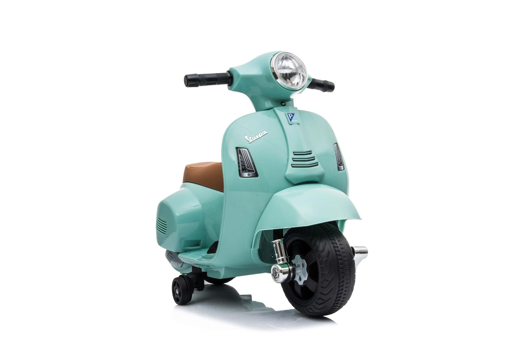 Trottinette électrique Vespa GTS, bleu sarcelle, avec roues auxiliaires, sous licence, batterie 6V, siège en cuir, moteur 30W