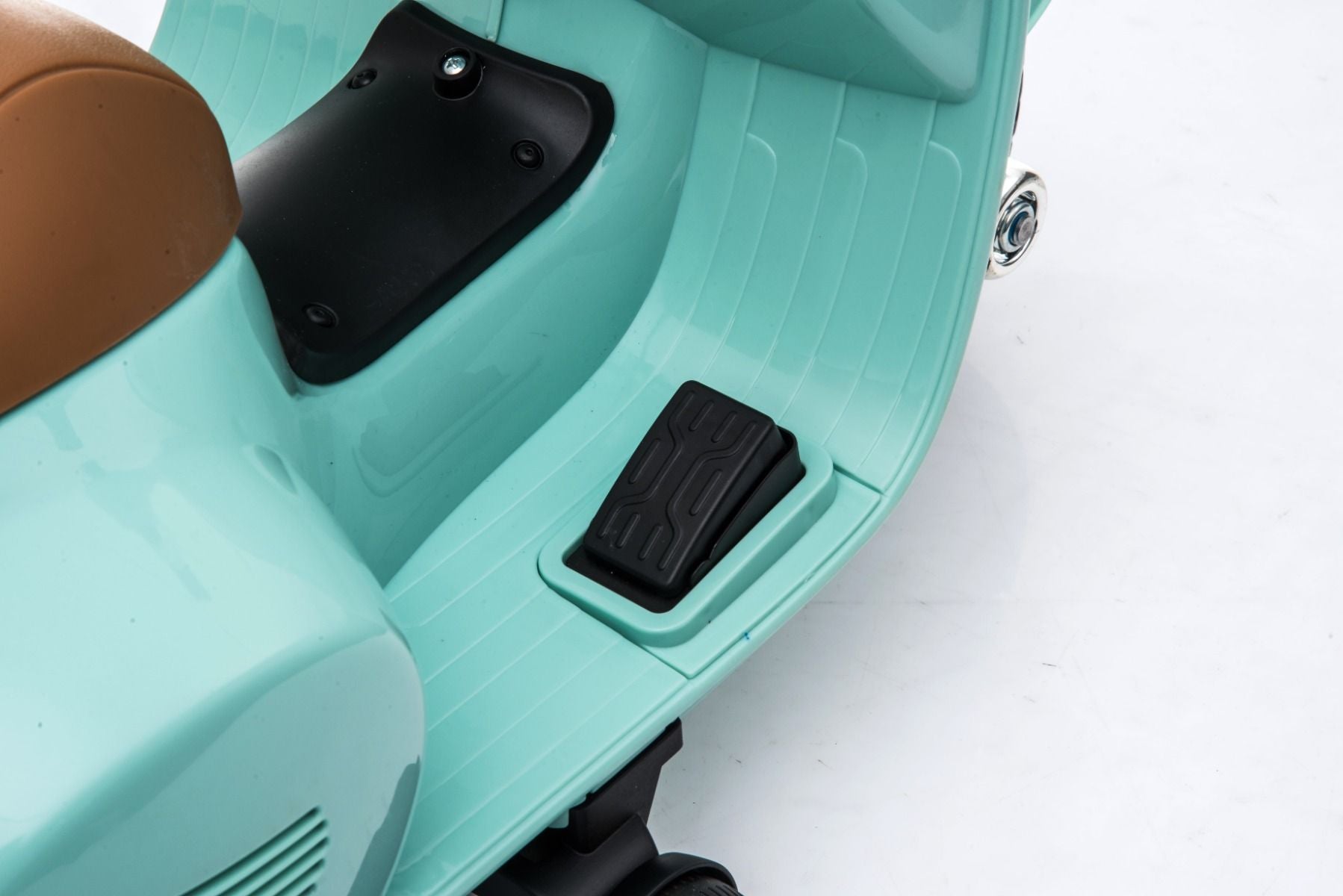 Trottinette électrique Vespa GTS, bleu sarcelle, avec roues auxiliaires, sous licence, batterie 6V, siège en cuir, moteur 30W