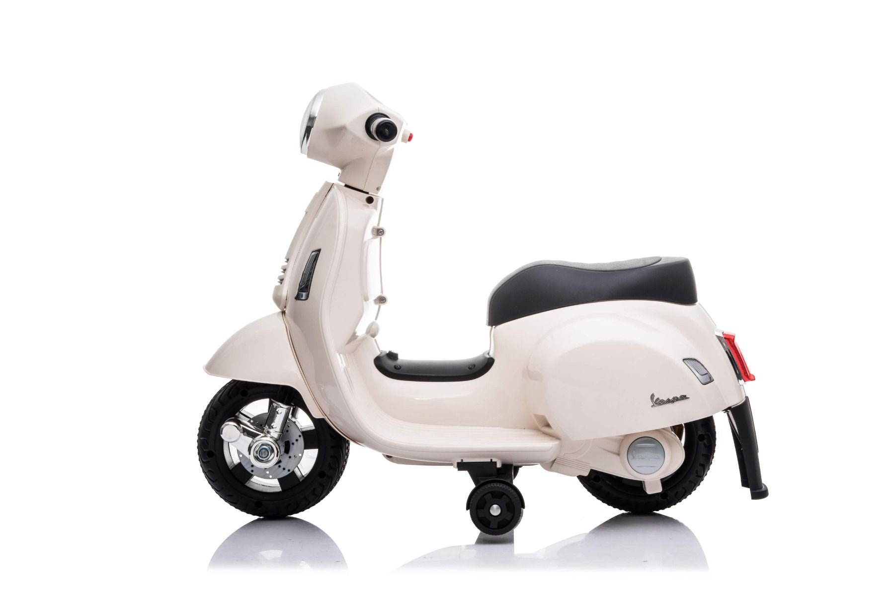 Scooter électrique Vespa GTS, blanc, avec roues auxiliaires, Autorisé, Batterie 6V, Siège en cuir, Moteur 30W