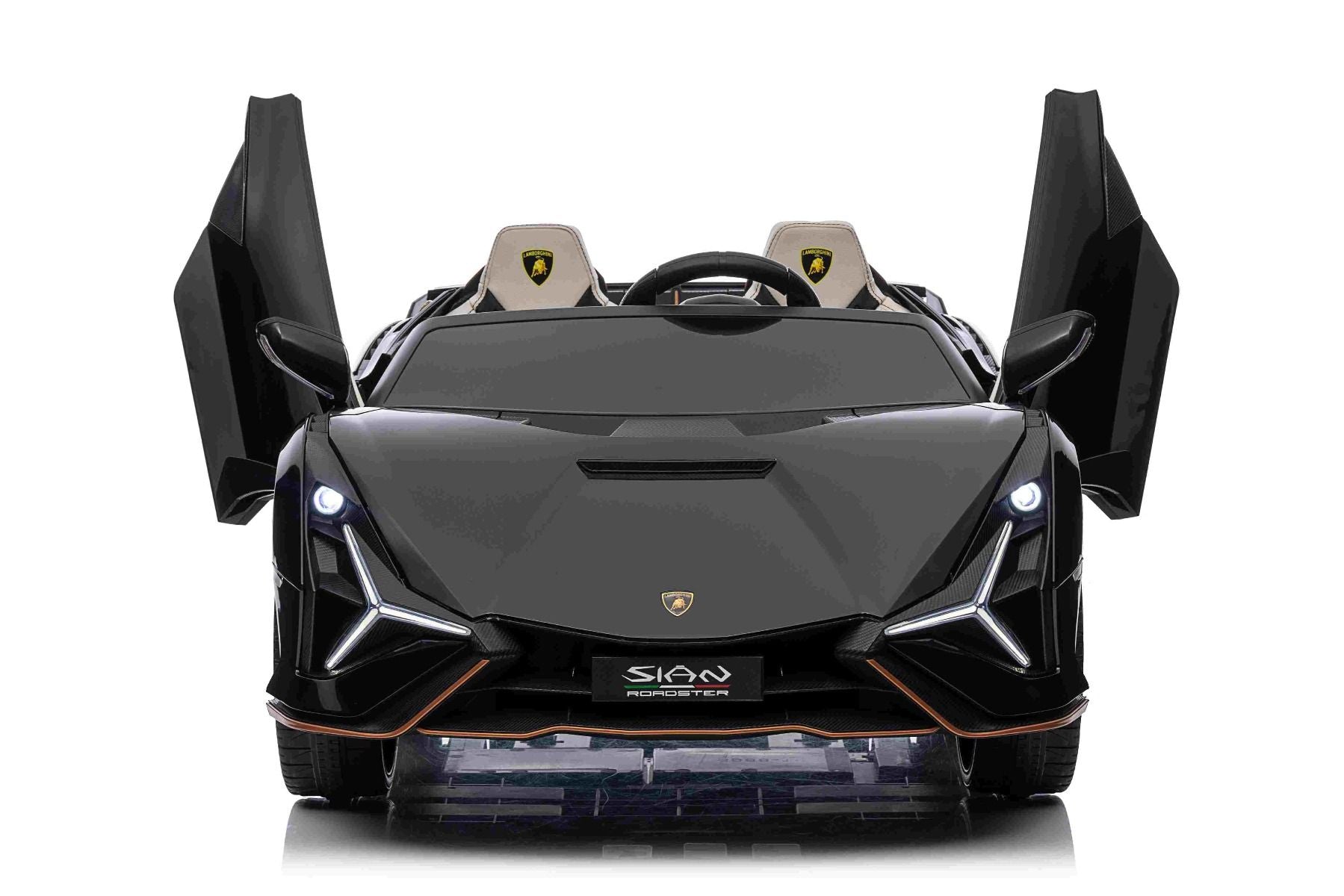 Voiture électrique à conducteur porté Lamborghini Sian 4X4, noire, 12V, télécommande 2,4 GHz, entrée USB / AUX, Bluetooth, suspension, portes à ouverture verticale, roues EVA souples, lumières LED, licence ORIGINALE