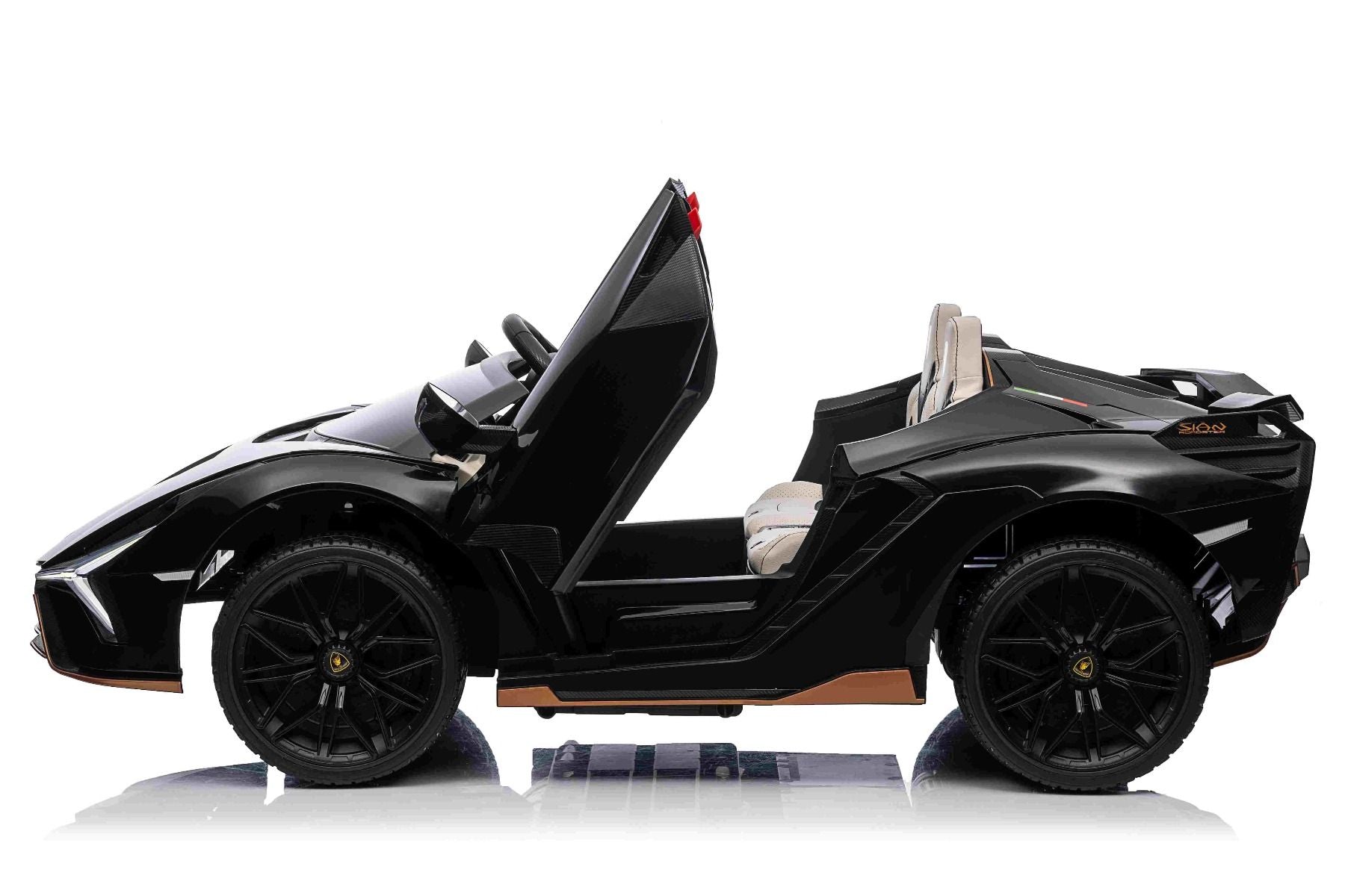 Voiture électrique à conducteur porté Lamborghini Sian 4X4, noire, 12V, télécommande 2,4 GHz, entrée USB / AUX, Bluetooth, suspension, portes à ouverture verticale, roues EVA souples, lumières LED, licence ORIGINALE