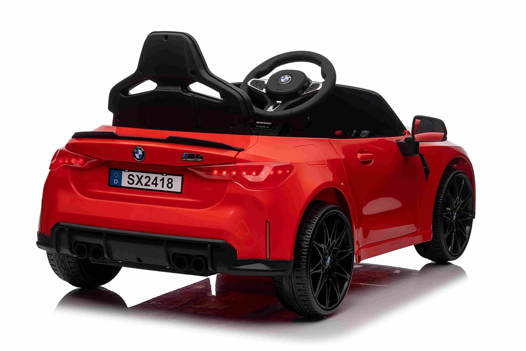 Voiture électrique à conducteur porté BMW M4, rouge, télécommande 2,4 GHz, entrée USB / Aux, suspension, batterie 12V, lumières LED, 2 X moteur, licence ORIGINALE