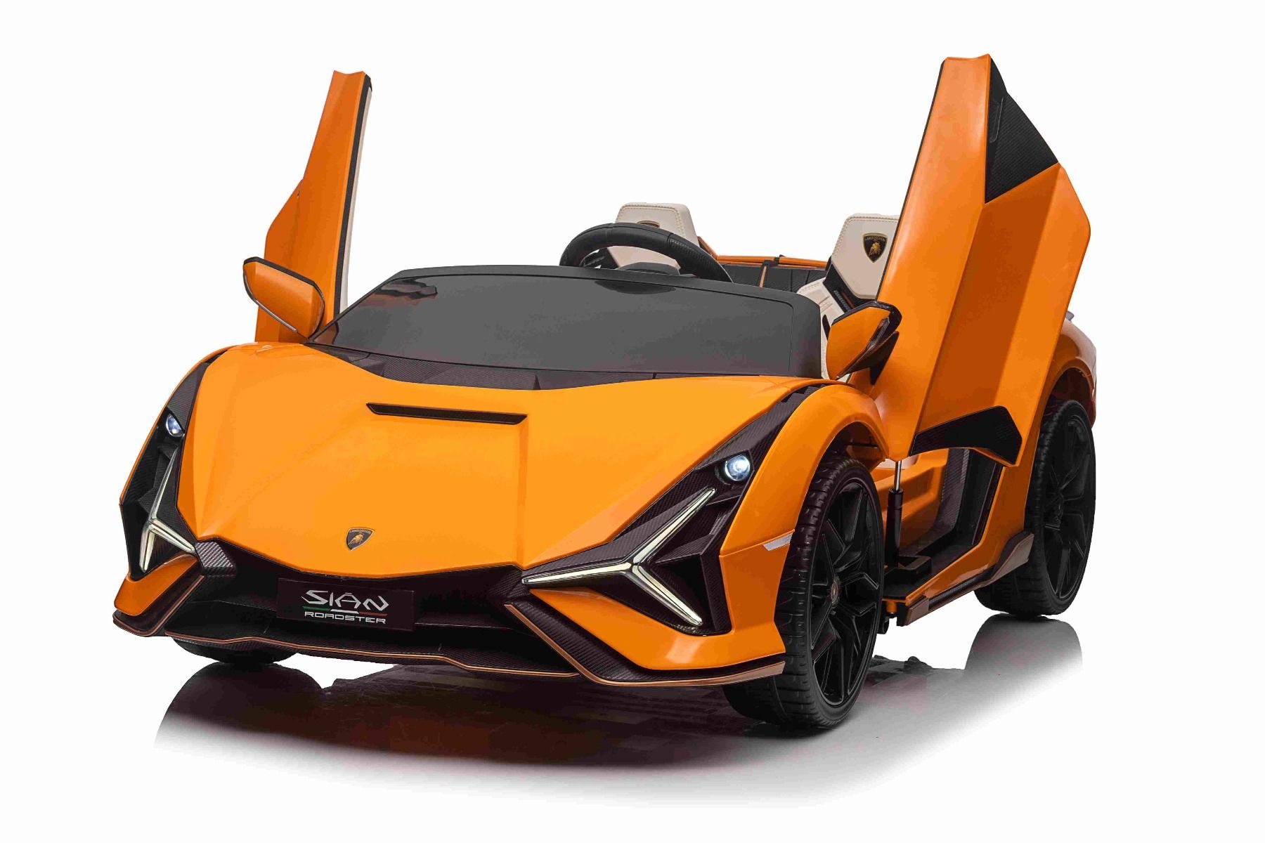 Voiture électrique porteur Lamborghini Sian 4X4, orange, 12V, télécommande 2,4 GHz, entrée USB / AUX, Bluetooth, suspension, portes à ouverture verticale, roues souples en EVA, lumières LED, licence ORIGINALE