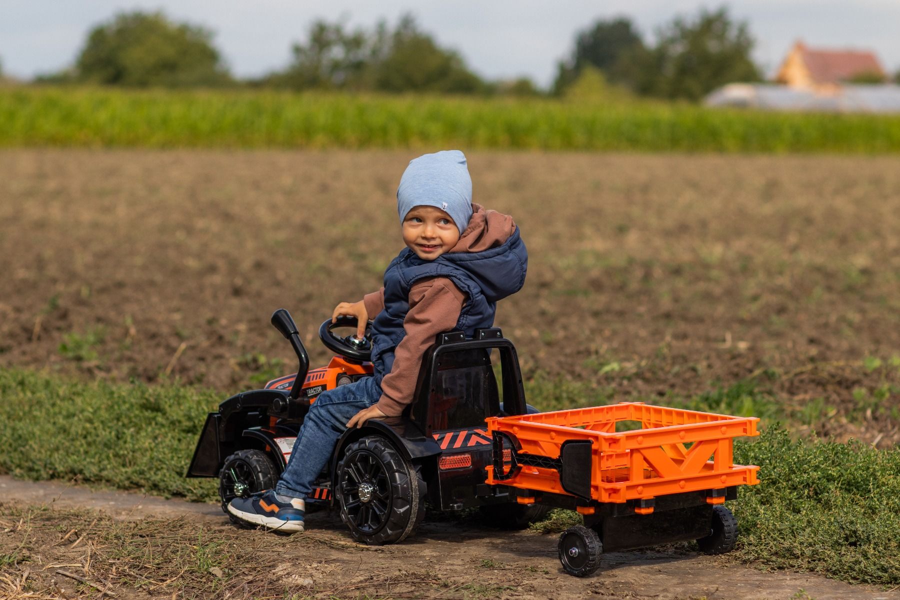 Tracteur électrique enfants avec poche et remorque 6V FARMER, orange, moteur 20W