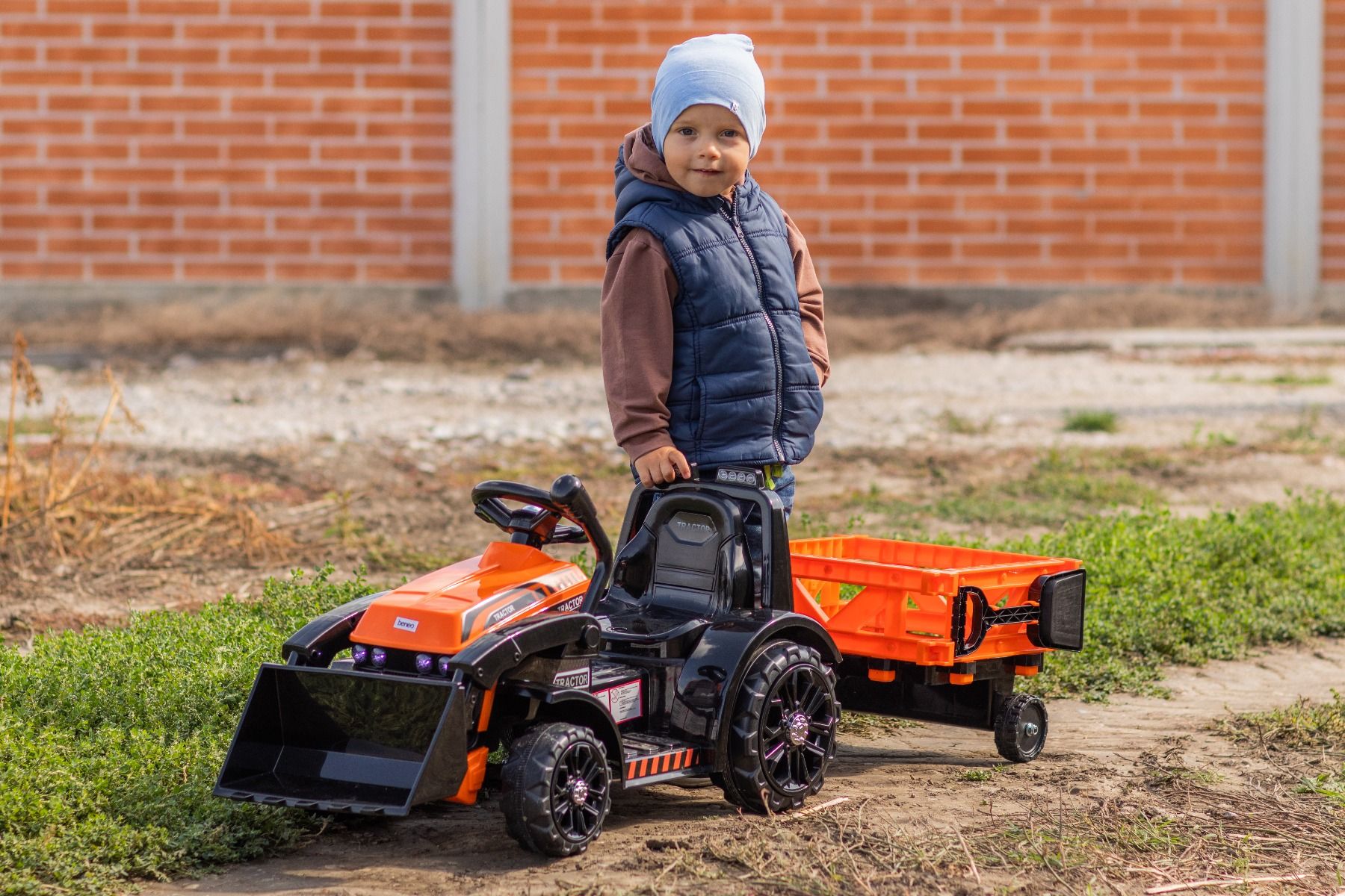 Tracteur électrique enfants avec poche et remorque 6V FARMER, orange, moteur 20W