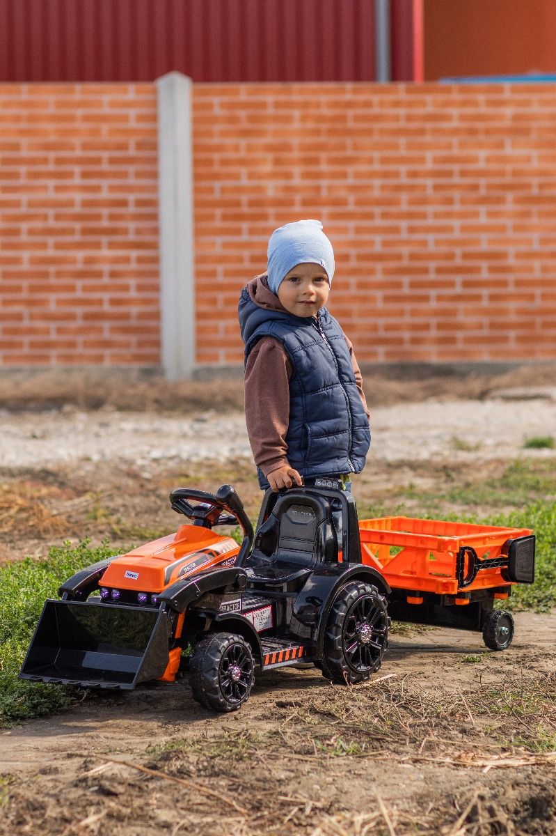 Tracteur électrique enfants avec poche et remorque 6V FARMER, orange, moteur 20W