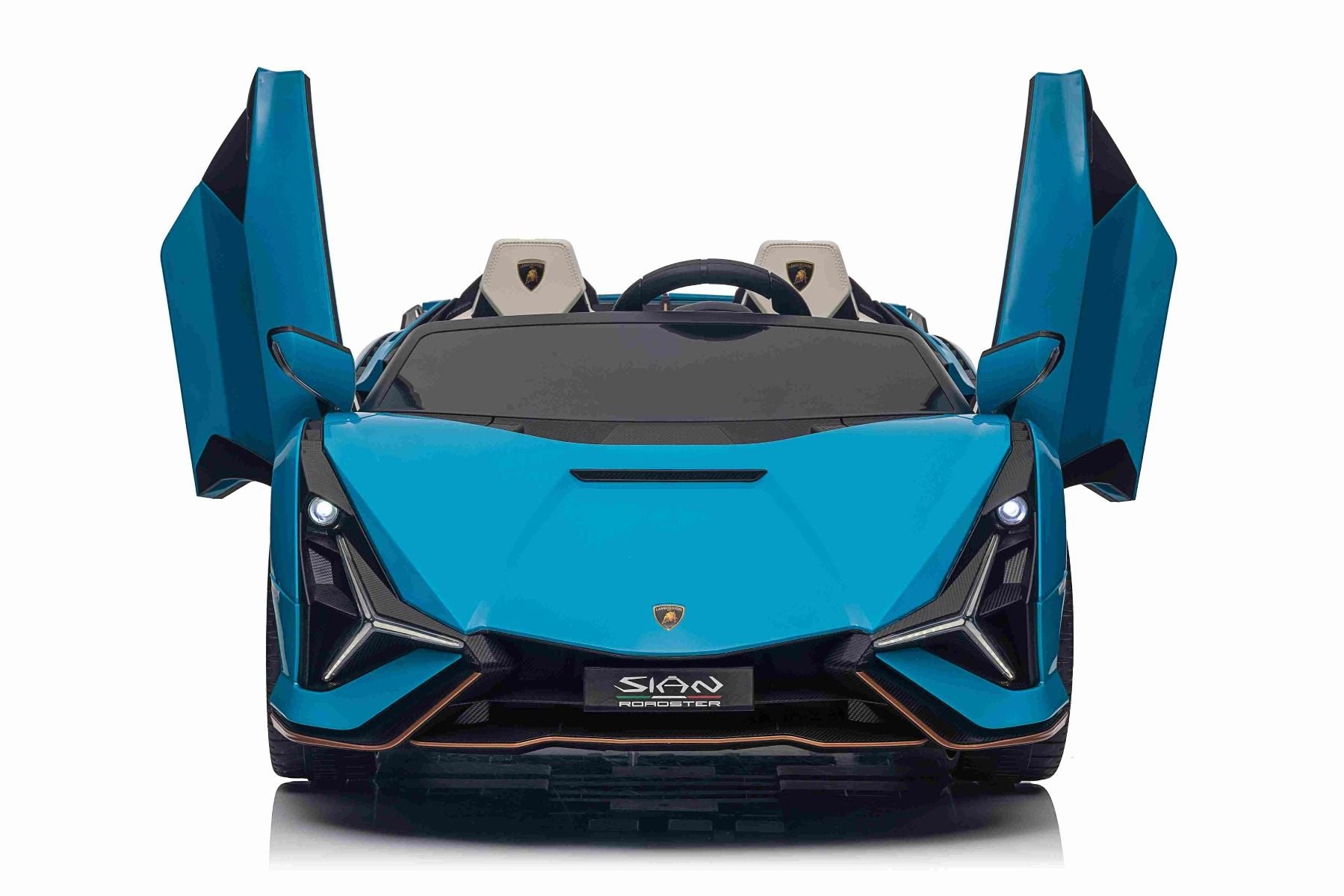 Voiture électrique porteur Lamborghini Sian 4X4, bleue, 12V, télécommande 2,4 GHz, entrée USB / AUX, Bluetooth, suspension, portes à ouverture verticale, roues souples en EVA, lumières LED, licence ORIGINALE