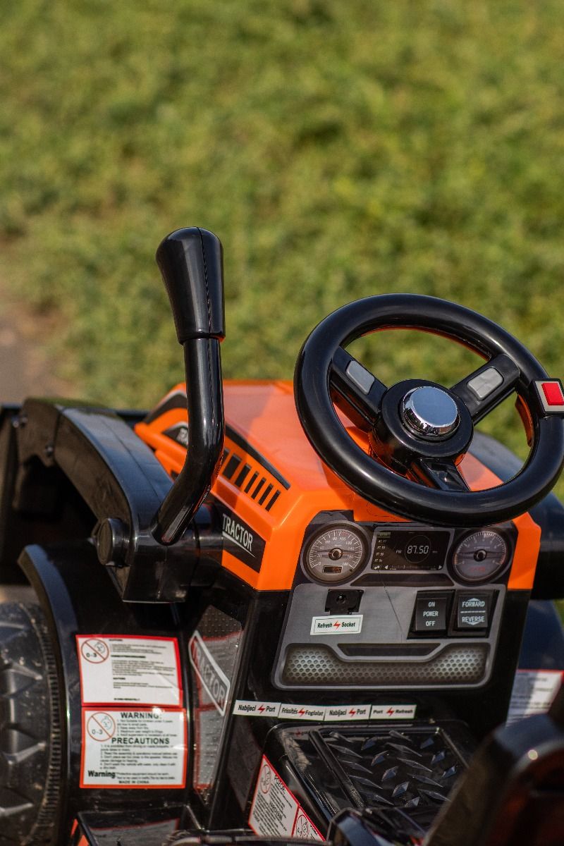 Tracteur électrique enfants avec poche et remorque 6V FARMER, orange, moteur 20W